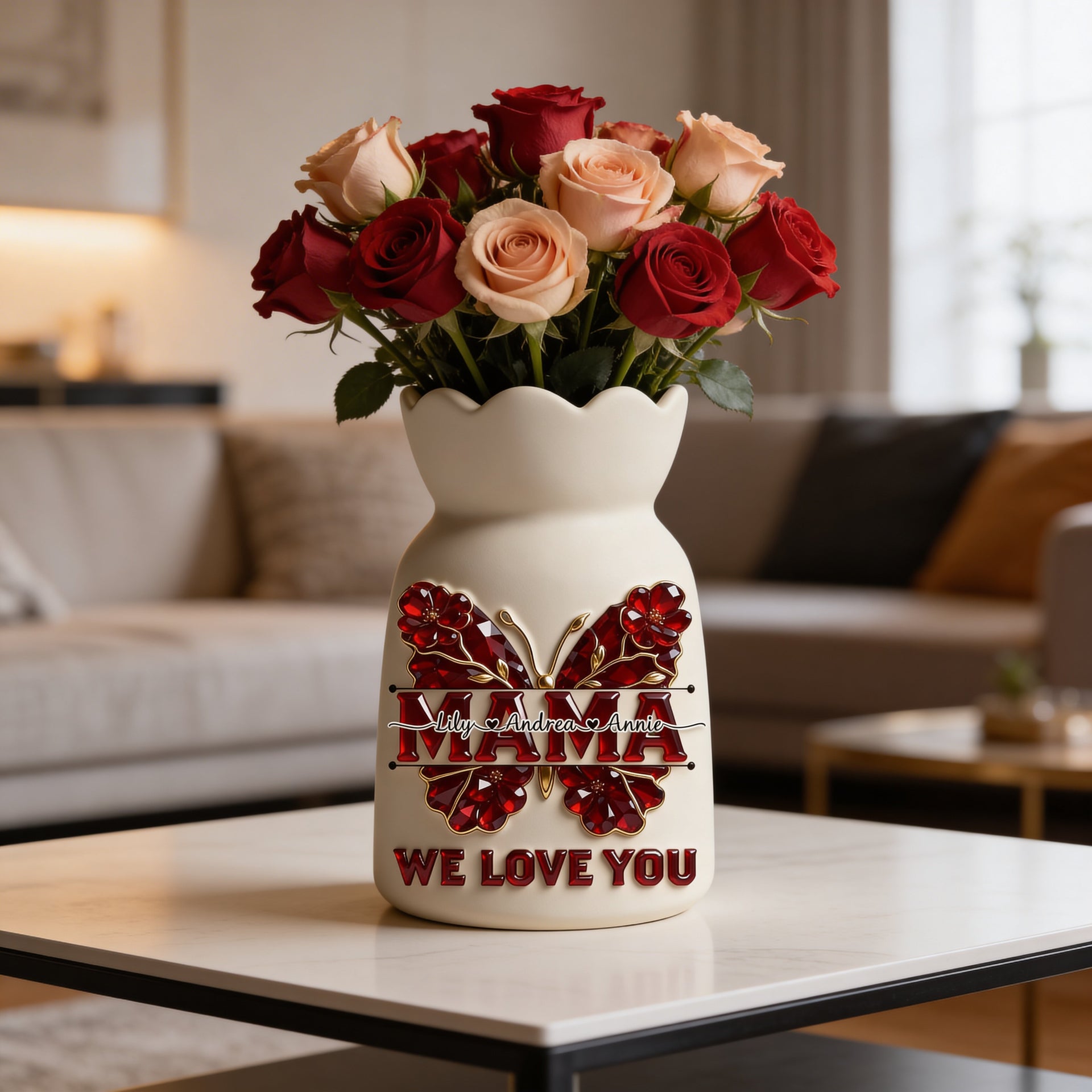 Personalized Mom Flower Vase – Custom Name Vase Gift for Mom, Mother’s Day Gift, Rose Ceramic Vase, We Love You Mom Gift