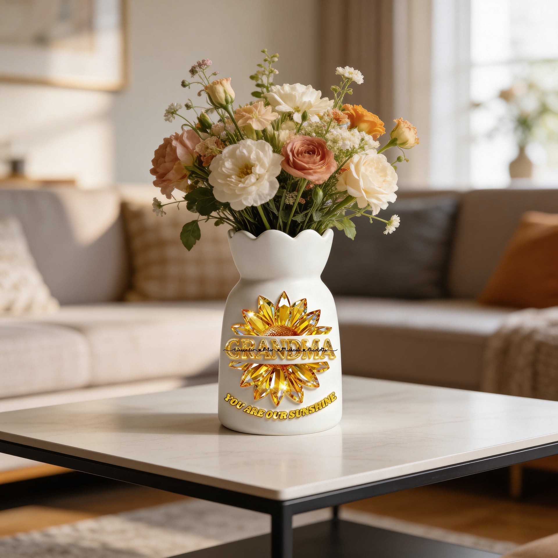 Personalized Grandma Flower Vase – Sunflower Custom Name Vase, Gift for Grandma, You Are Our Sunshine Vase, Family Gift Decor