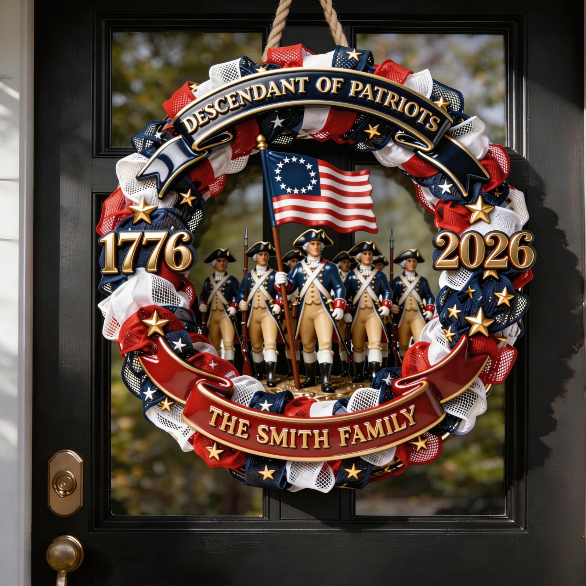 Descendant of Patriots Wood Sign – Personalized USA 250th Anniversary Wreath, Custom Family Name Door Sign, Patriotic Home Decor Gift