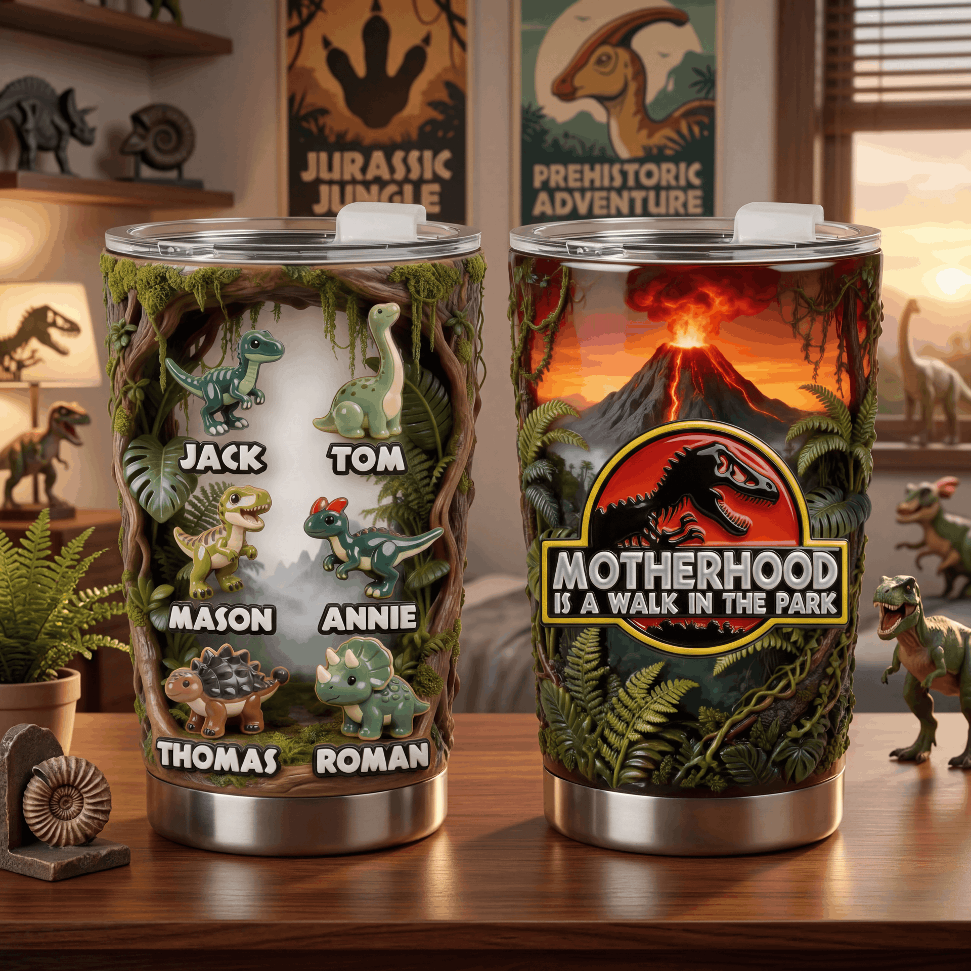 Motherhood Is A Walk In The Park Tumbler 20oz – Funny Dinosaur Mom Gift, Personalized Mom Tumbler from Kids, Jurassic Mom Cup