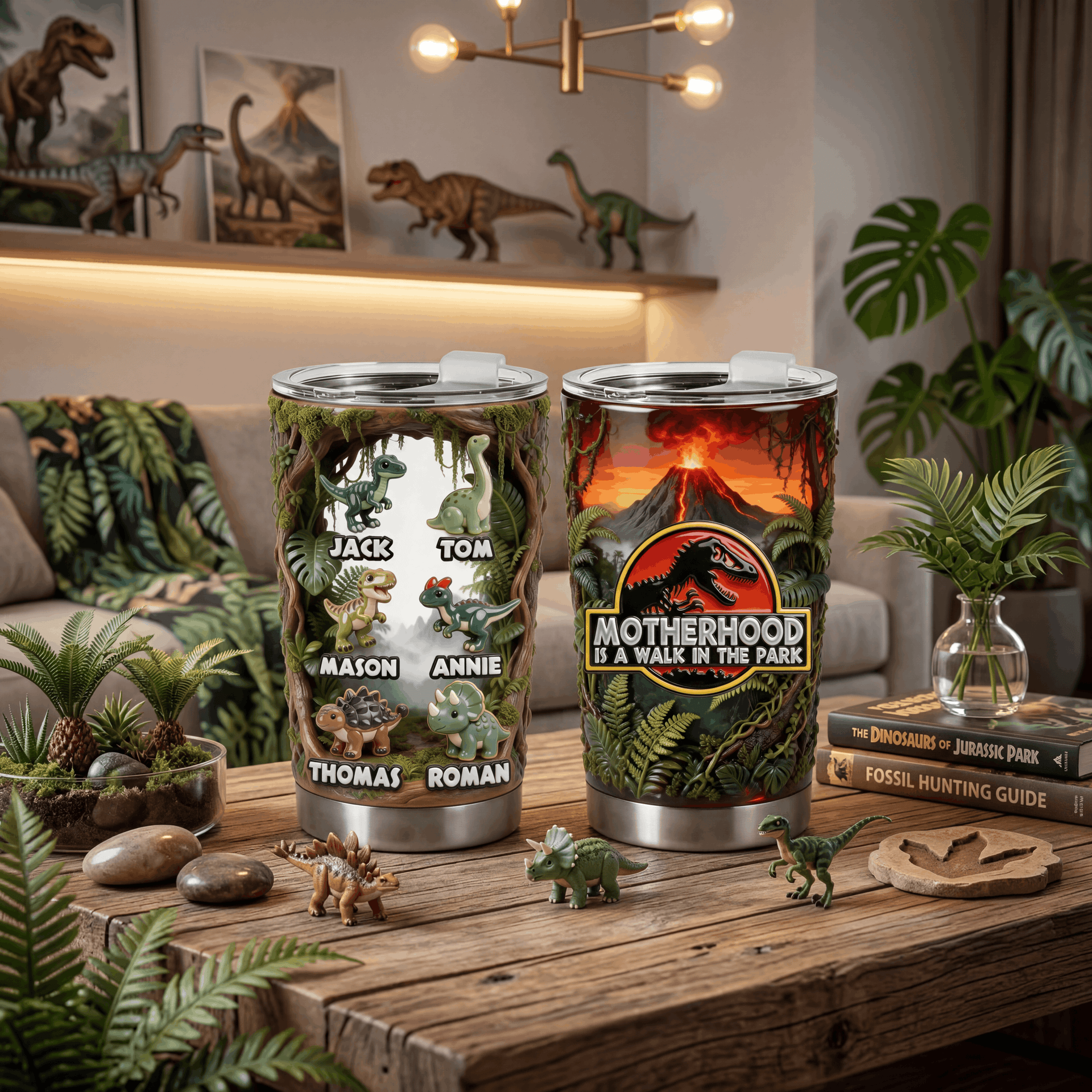 Motherhood Is A Walk In The Park Tumbler 20oz – Funny Dinosaur Mom Gift, Personalized Mom Tumbler from Kids, Jurassic Mom Cup