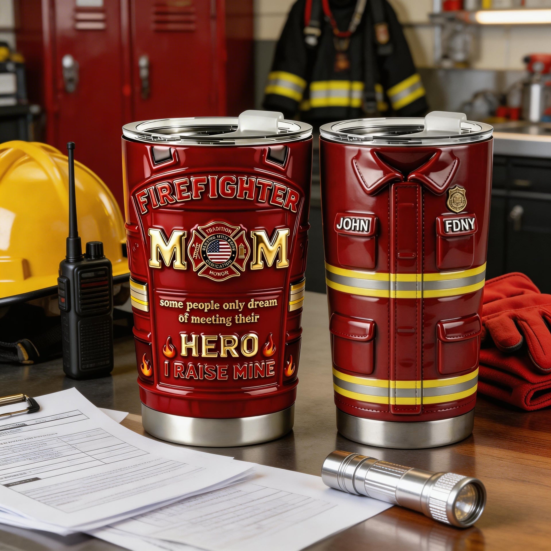 Firefighter Mom Tumbler 20oz – Personalized Firefighter Gift for Mom, FDNY Style Custom Name Tumbler, Proud Fire Mom Cup