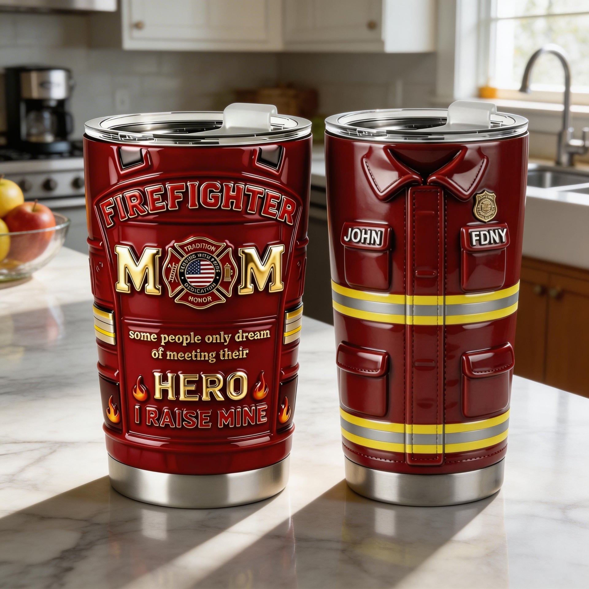 Firefighter Mom Tumbler 20oz – Personalized Firefighter Gift for Mom, FDNY Style Custom Name Tumbler, Proud Fire Mom Cup