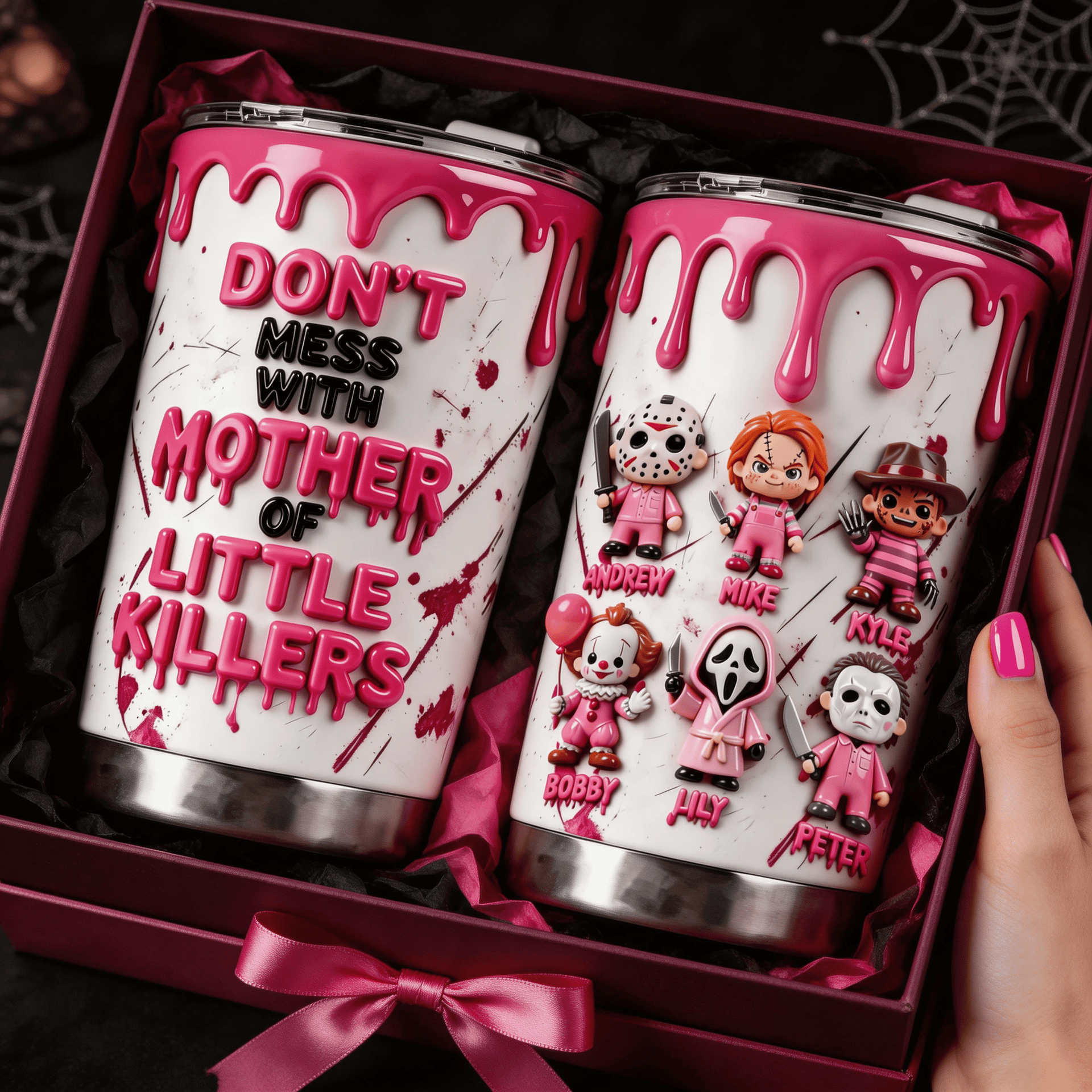 Don't Mess With Mother Of Little Killers Tumbler 20oz – Funny Horror Mom Gift, Personalized Mom Tumbler from Kids, Halloween Mom Cup