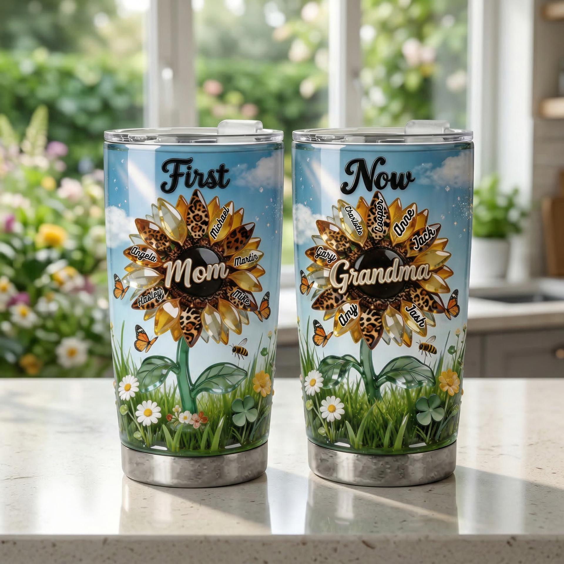 Mom to Grandma Tumbler 20oz – Personalized Sunflower Grandma Gift, Custom Family Name Tumbler, Mother’s Day Gift for Grandma