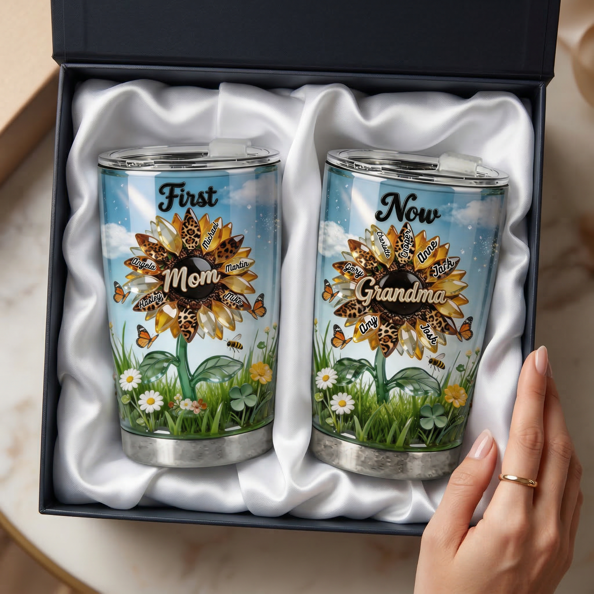Mom to Grandma Tumbler 20oz – Personalized Sunflower Grandma Gift, Custom Family Name Tumbler, Mother’s Day Gift for Grandma