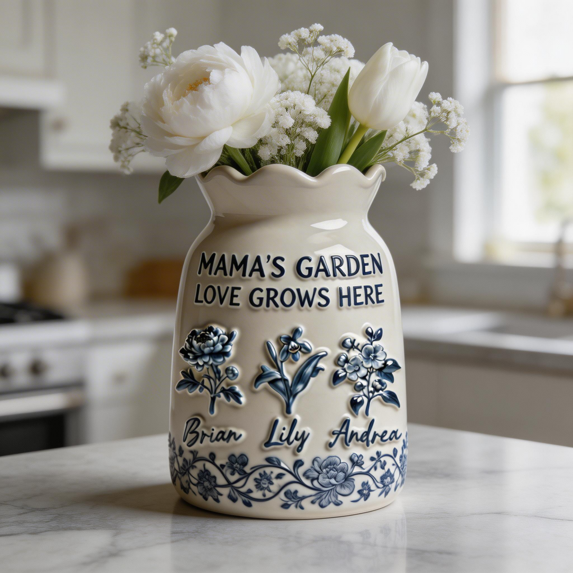 Personalized Mom Flower Vase – Mama’s Garden Vase, Custom Birth Flower Vase Gift for Mom, Mother’s Day Gift From Kids