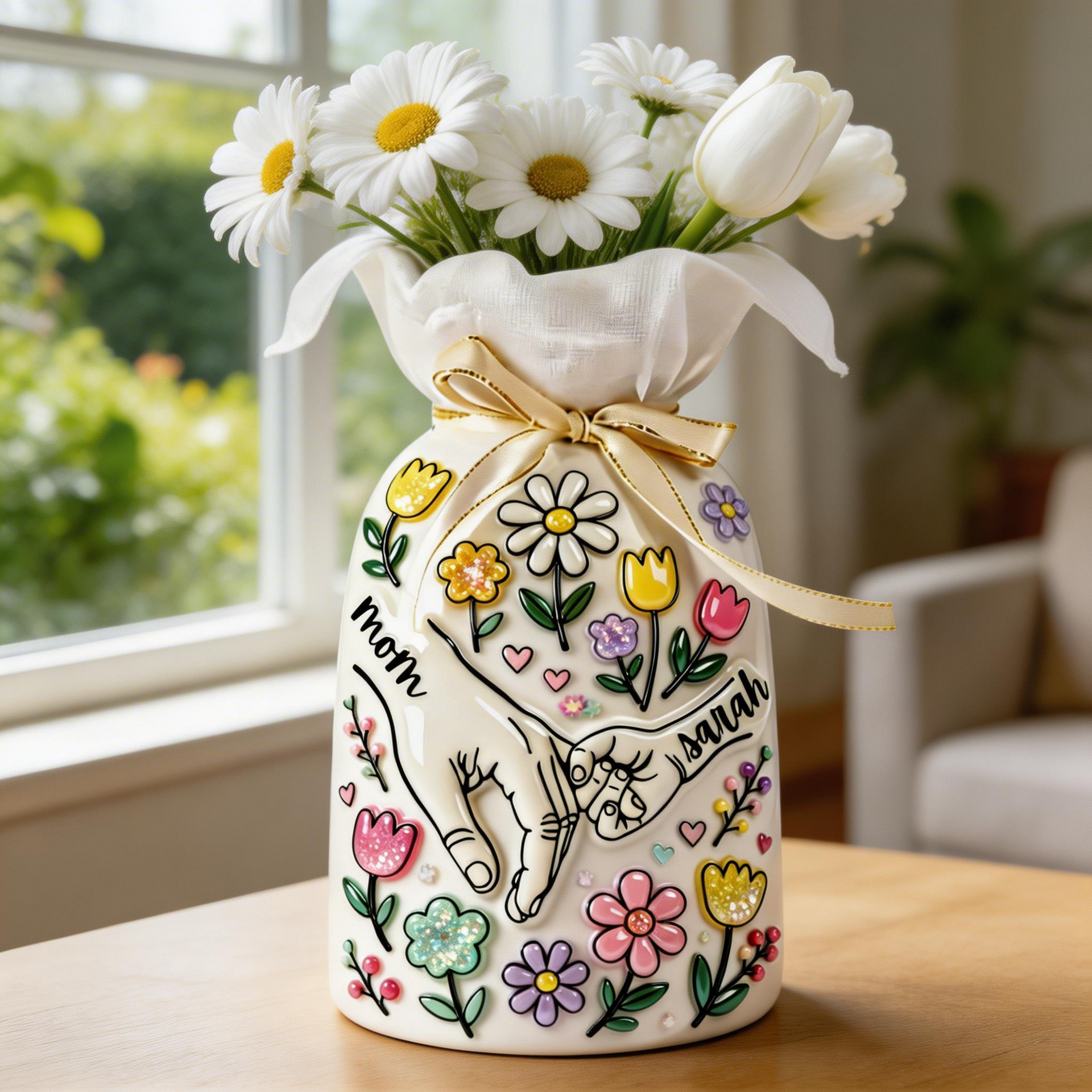 Personalized Mom Flower Vase – Custom Name Mother’s Day Vase, Gift for Mom from Daughter or Son, Floral Ceramic Vase Decor