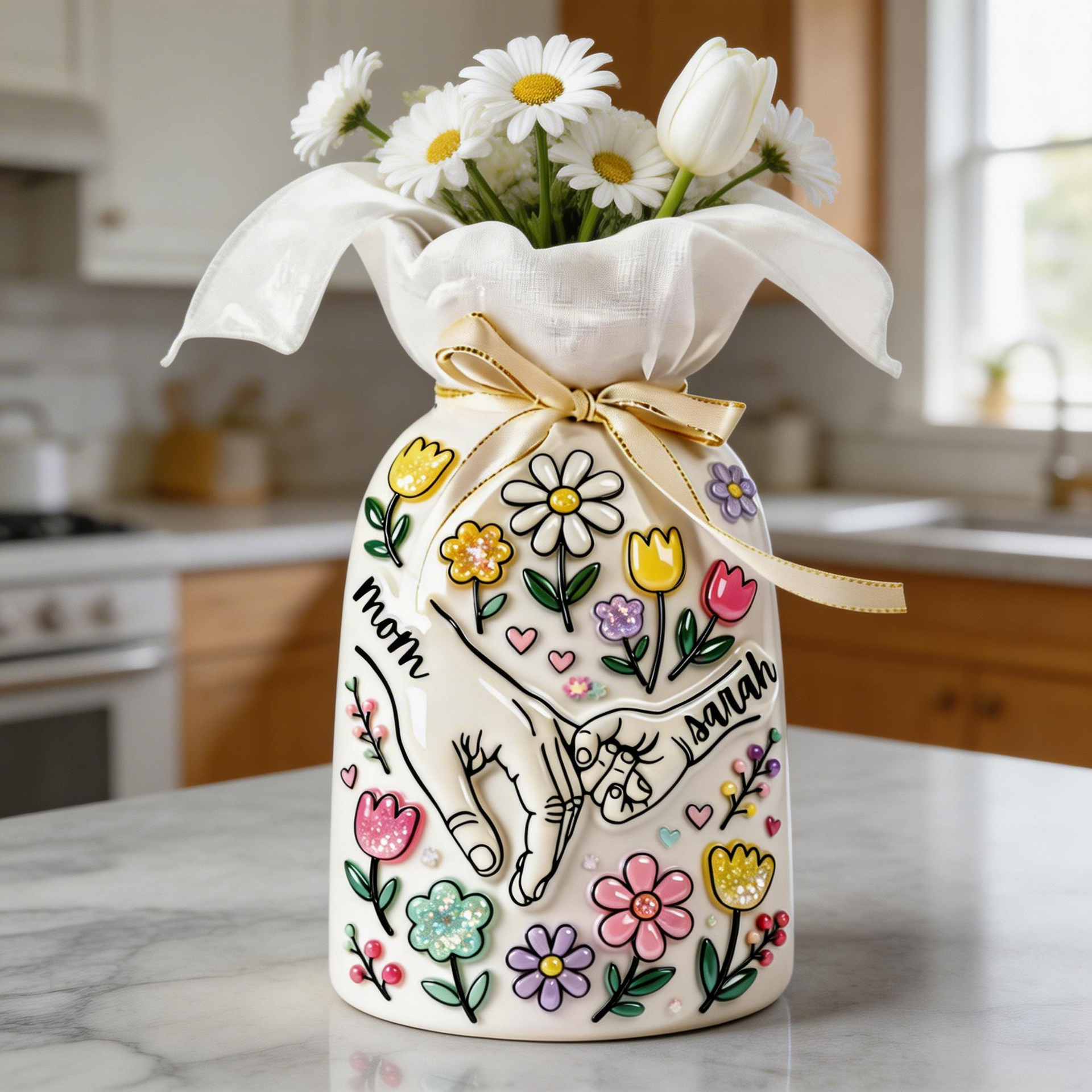 Personalized Mom Flower Vase – Custom Name Mother’s Day Vase, Gift for Mom from Daughter or Son, Floral Ceramic Vase Decor