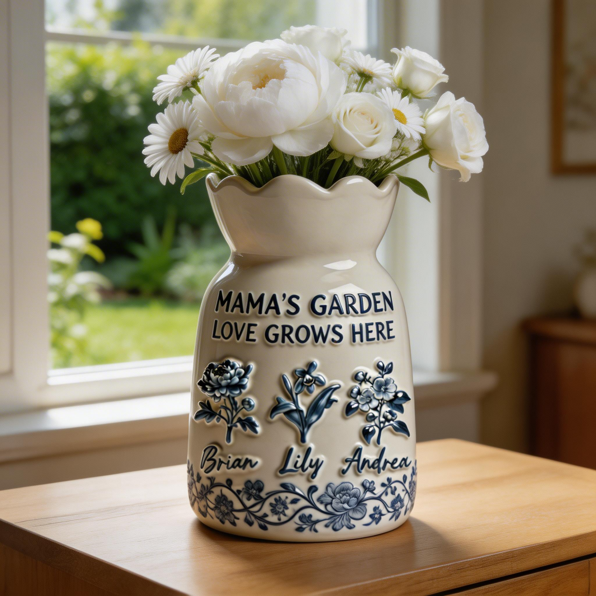 Personalized Mom Flower Vase – Mama’s Garden Vase, Custom Birth Flower Vase Gift for Mom, Mother’s Day Gift From Kids