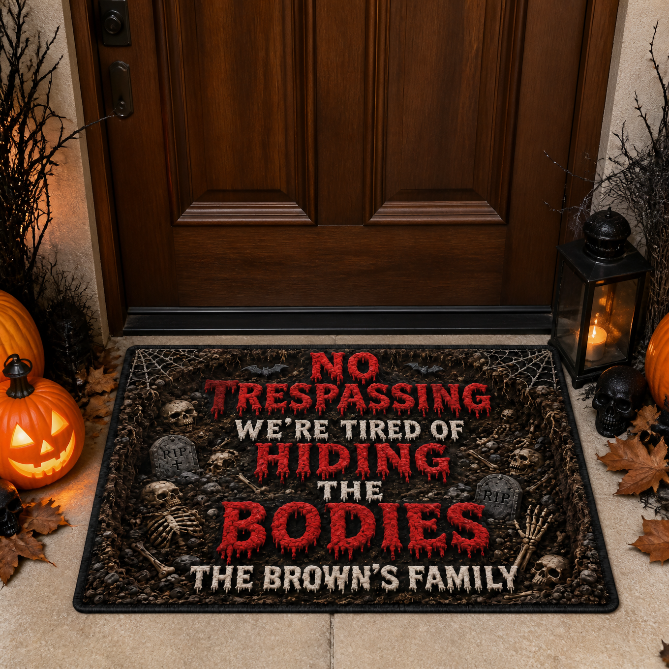 Custom Name Horror Halloween Rug, Personalized Spooky Door Mat, Gift for Horror Fans hn13082026