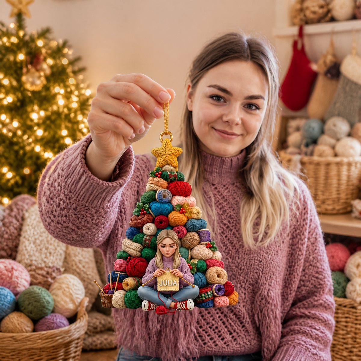Custom Photo Name Knitting Christmas Ornament, Personalized Yarn Tree Decoration, Gift for Knitting Lovers hn18082026