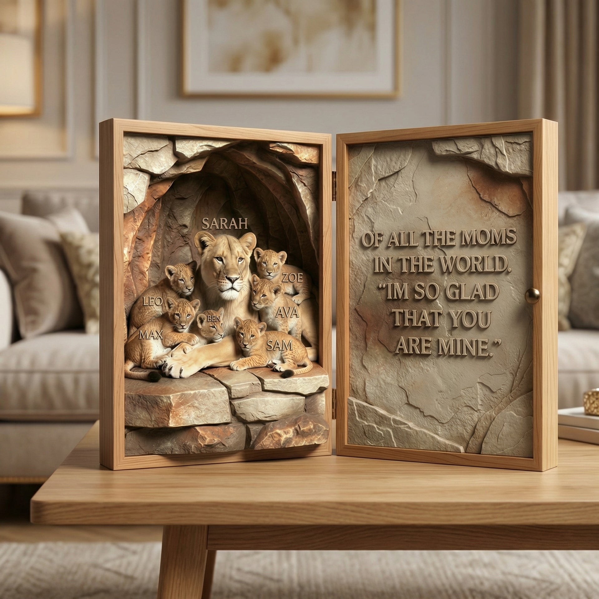 Personalized Lion Mom & Cubs Acrylic Diptych – Custom Names Family Gift For Mom