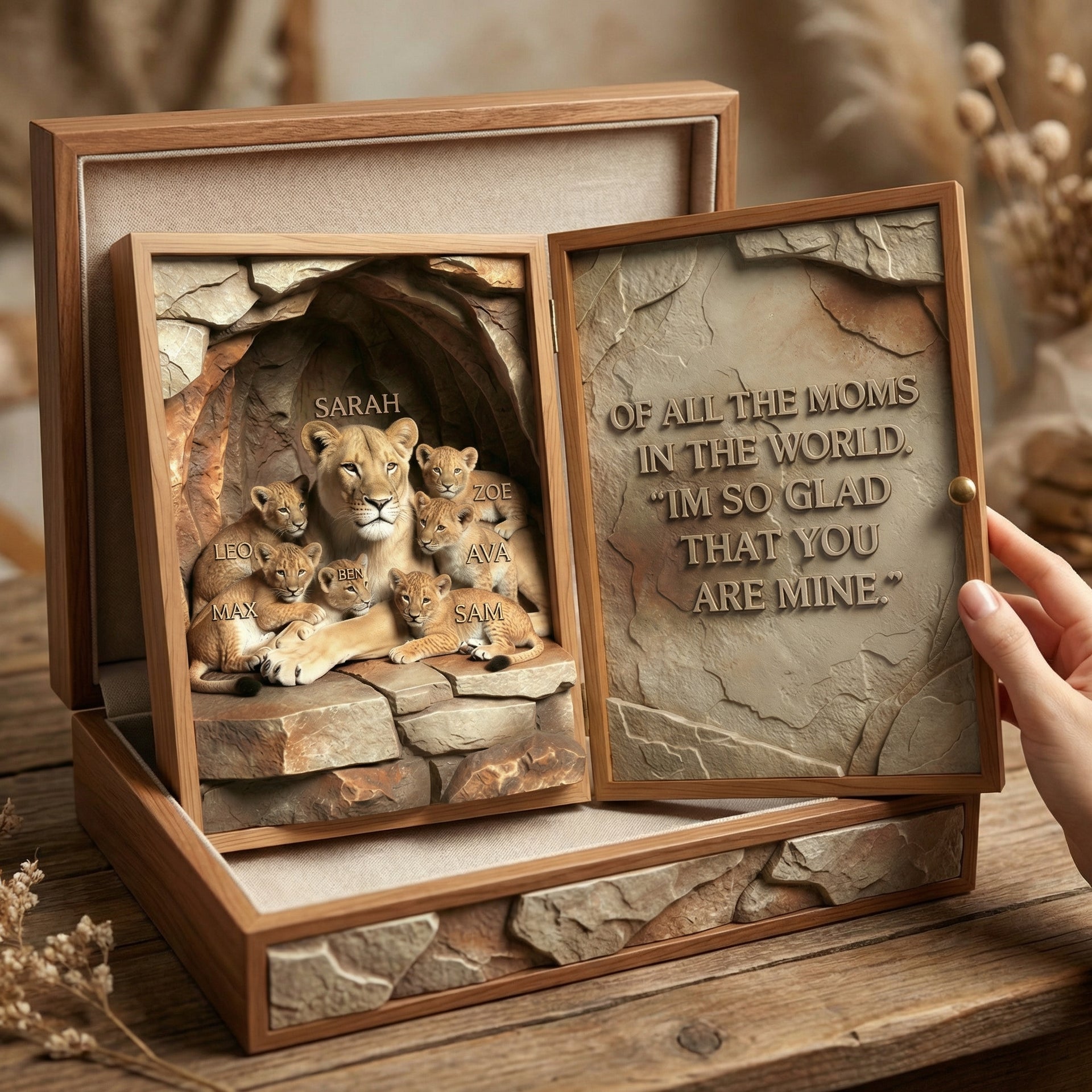 Personalized Lion Mom & Cubs Acrylic Diptych – Custom Names Family Gift For Mom