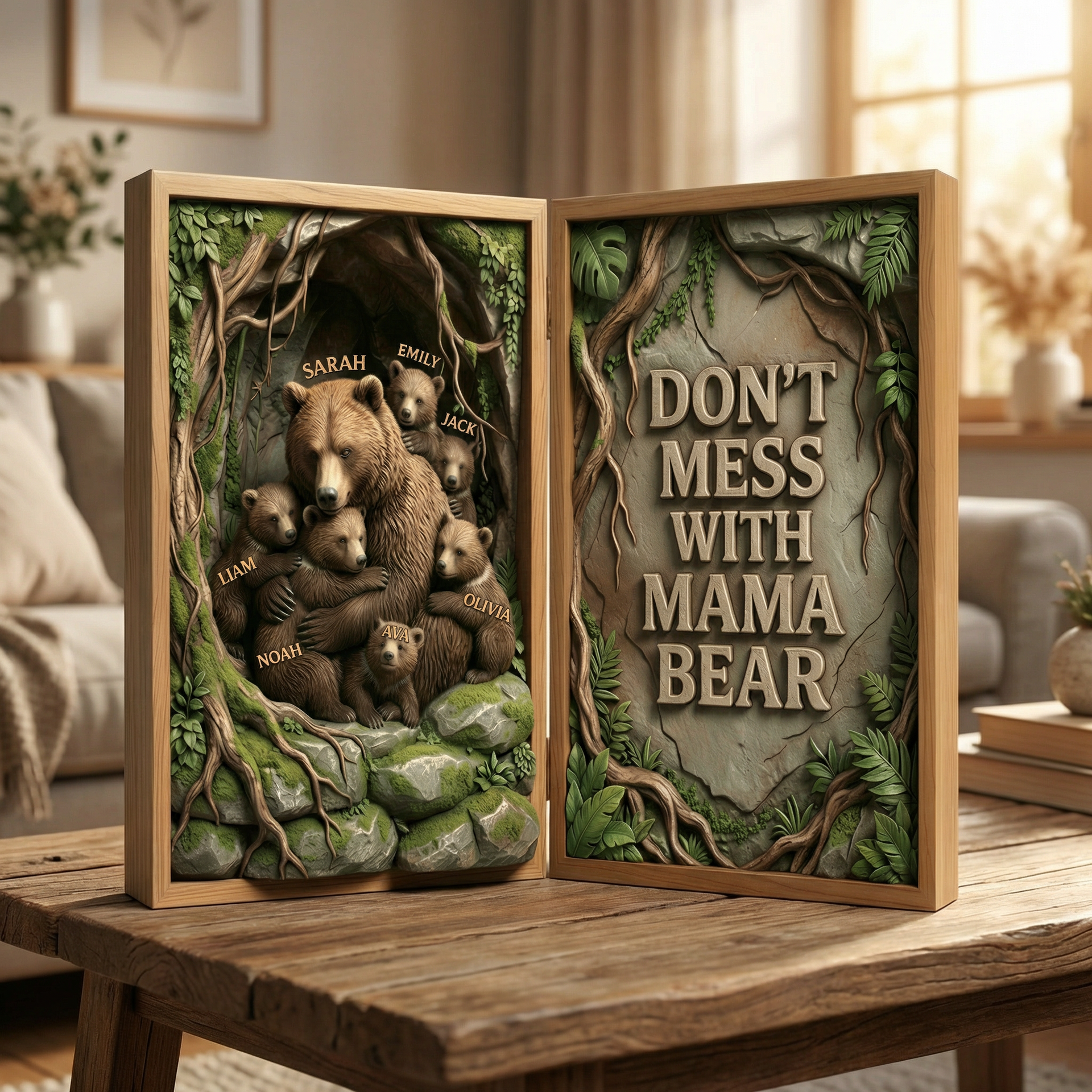 Custom Mama Bear Family Acrylic Diptych Plaque – Personalized Names Keepsake, Gift For Mom