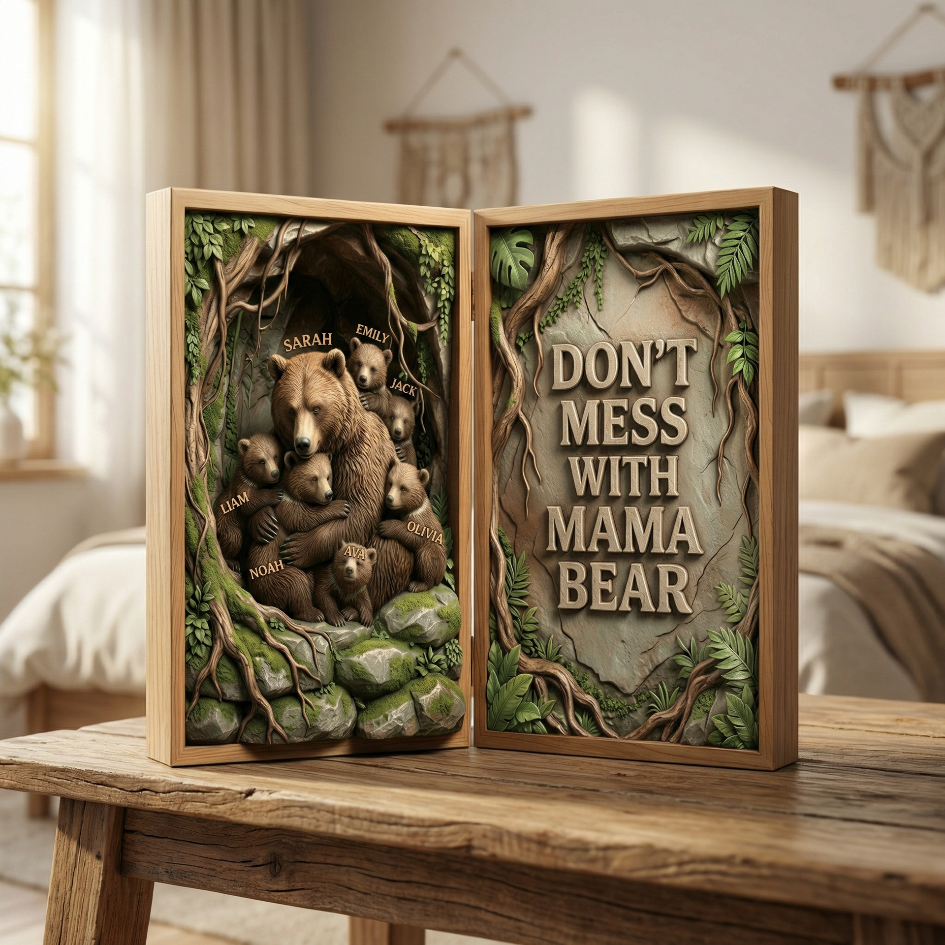 Custom Mama Bear Family Acrylic Diptych Plaque – Personalized Names Keepsake, Gift For Mom