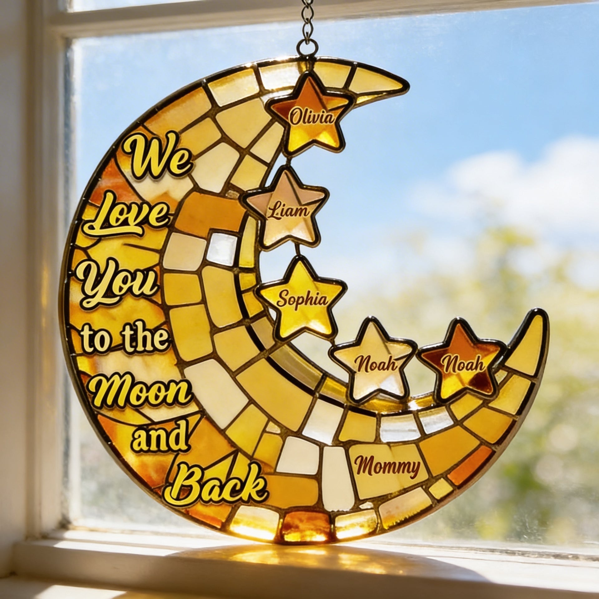 Custom Moon And Stars Suncatcher – Personalized Family Name Stained Glass Window Hanging – We Love You To The Moon And Back Gift For Mom