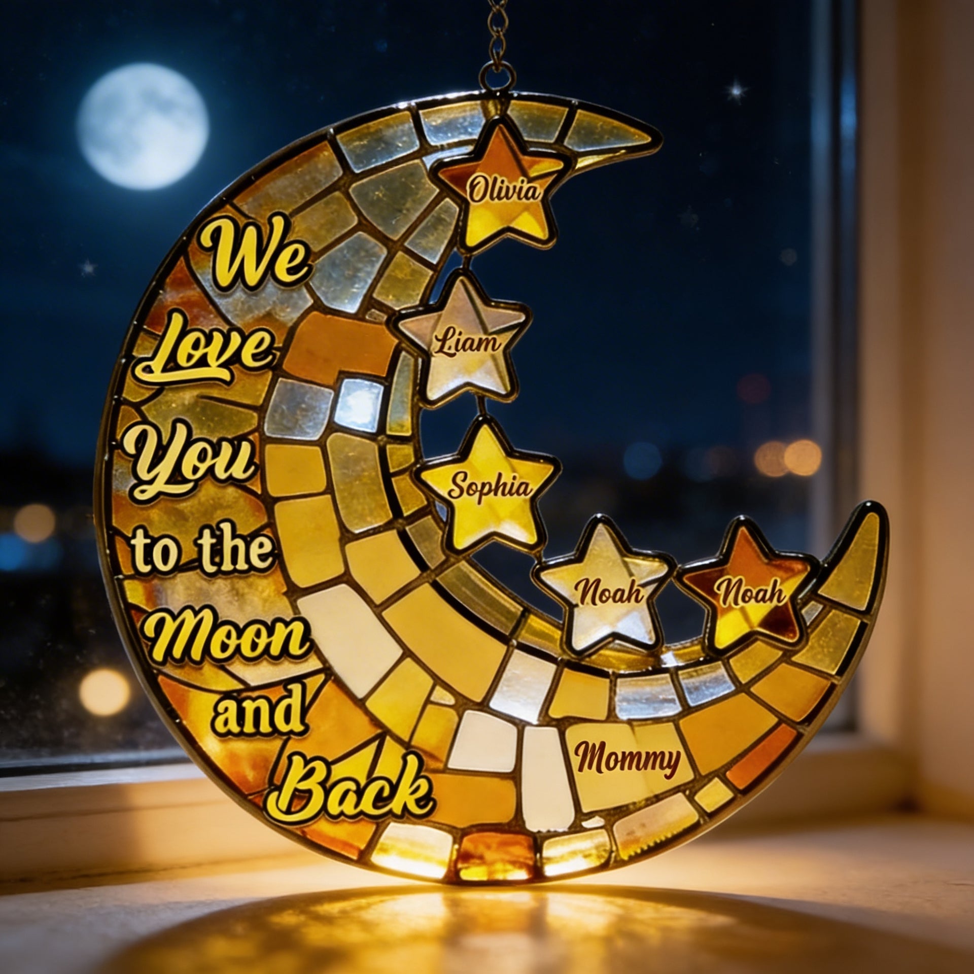 Custom Moon And Stars Suncatcher – Personalized Family Name Stained Glass Window Hanging – We Love You To The Moon And Back Gift For Mom