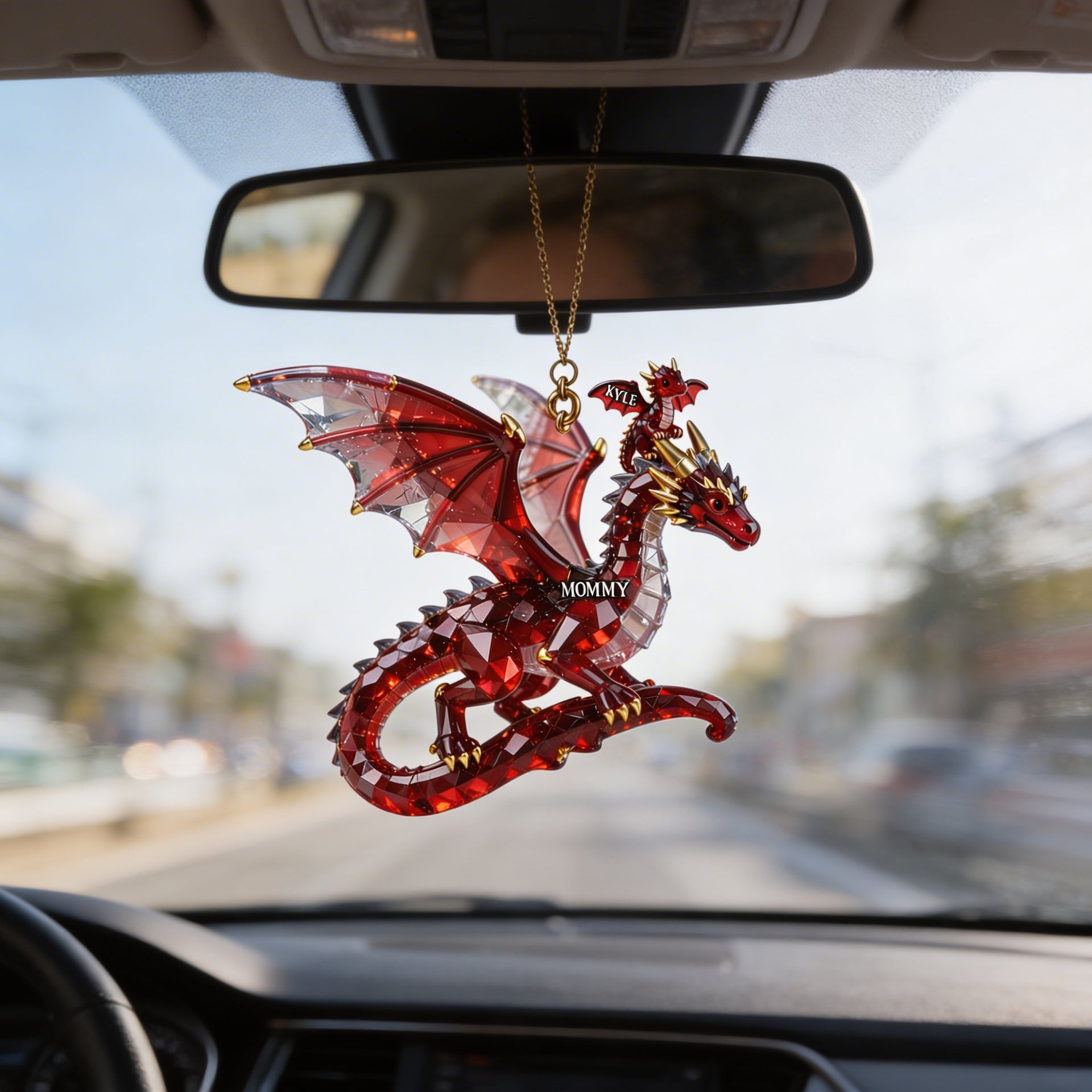 Custom Dragon Car Hanger – Personalized Mom And Son Gift – Fantasy Red Dragon Rearview Mirror Ornament