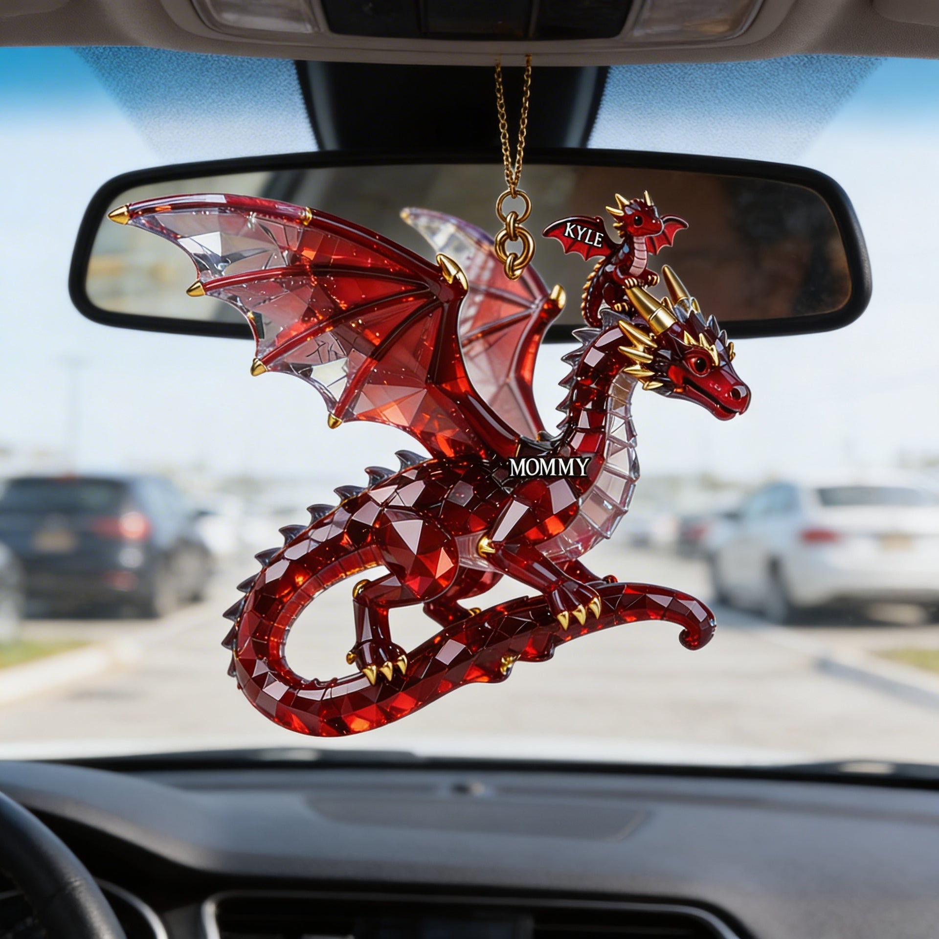 Custom Dragon Car Hanger – Personalized Mom And Son Gift – Fantasy Red Dragon Rearview Mirror Ornament
