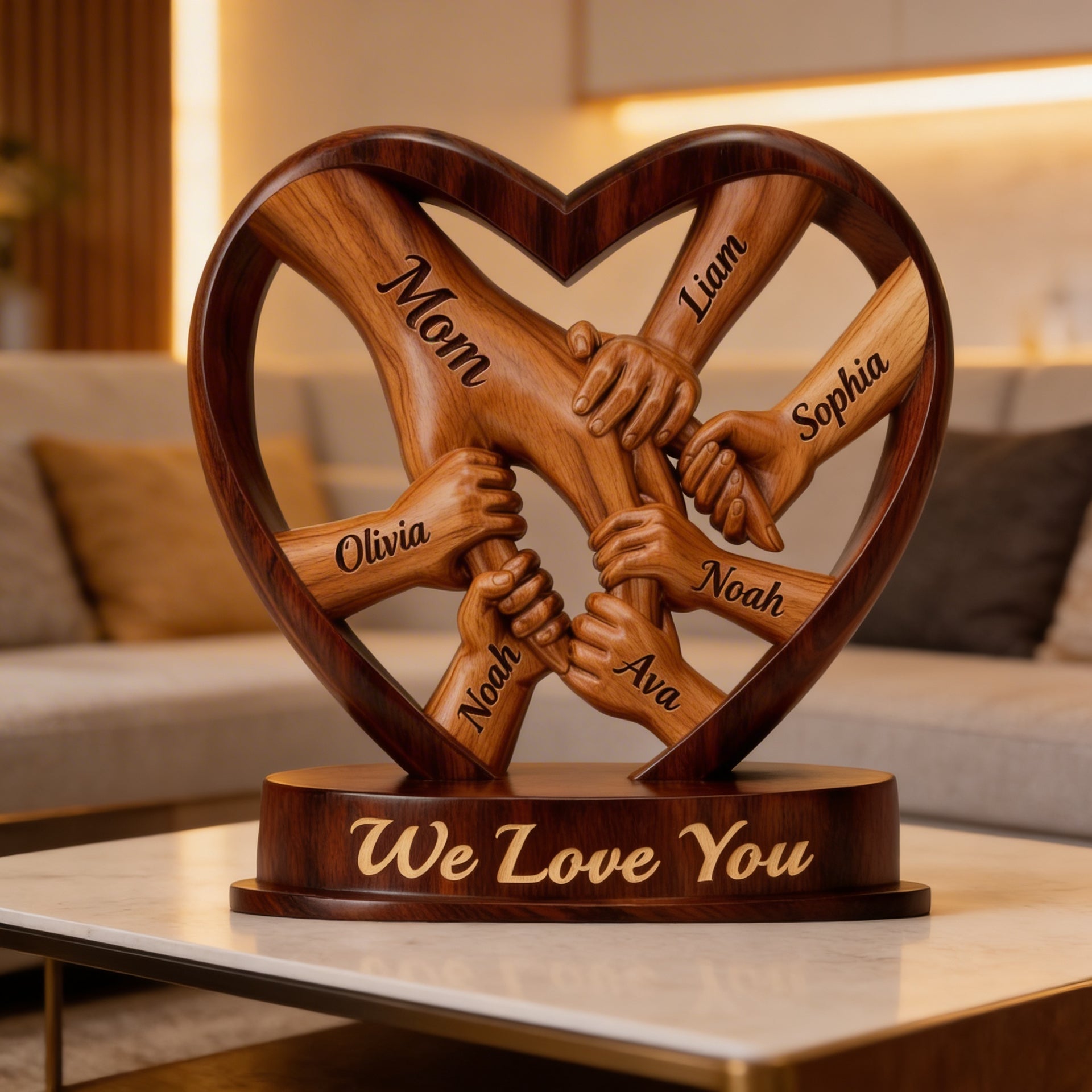 We Love You Mom Plaque – Personalized Family Hands Heart Sign – Custom Name Gift