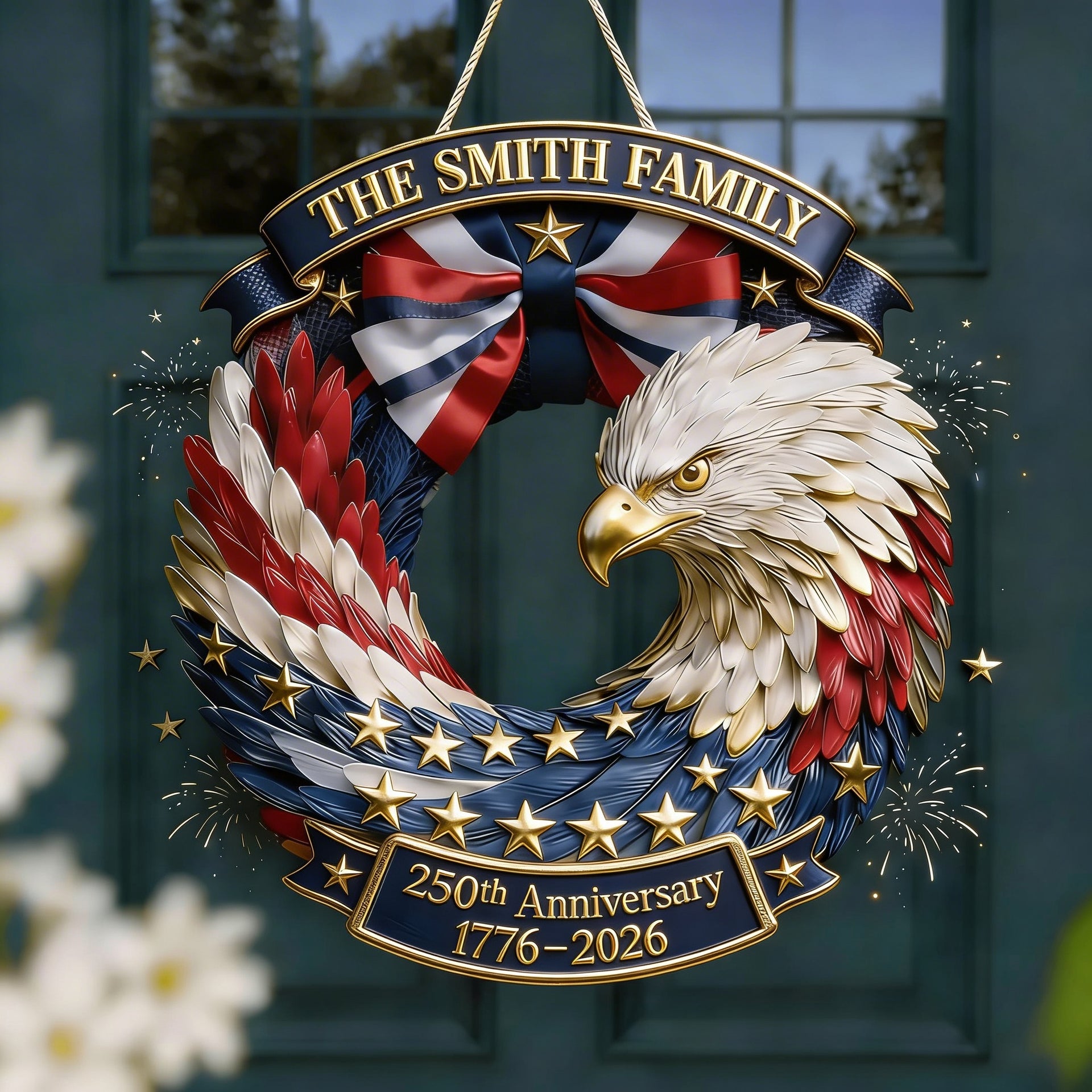 Patriotic Eagle Wood Sign – Personalized 4th of July Family Door Sign