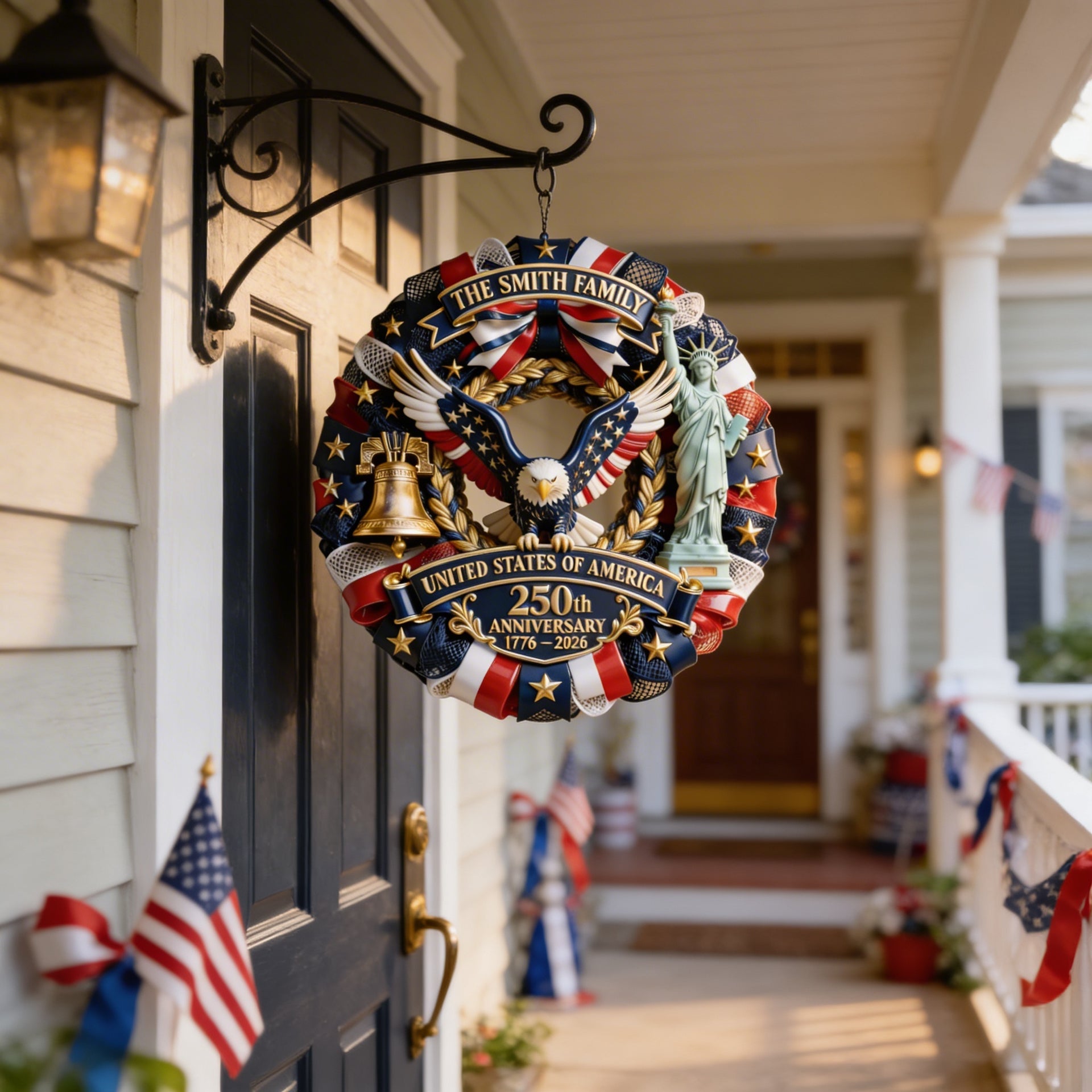 Patriotic 4th of July Wreath Sign – Personalized Family Door Decor