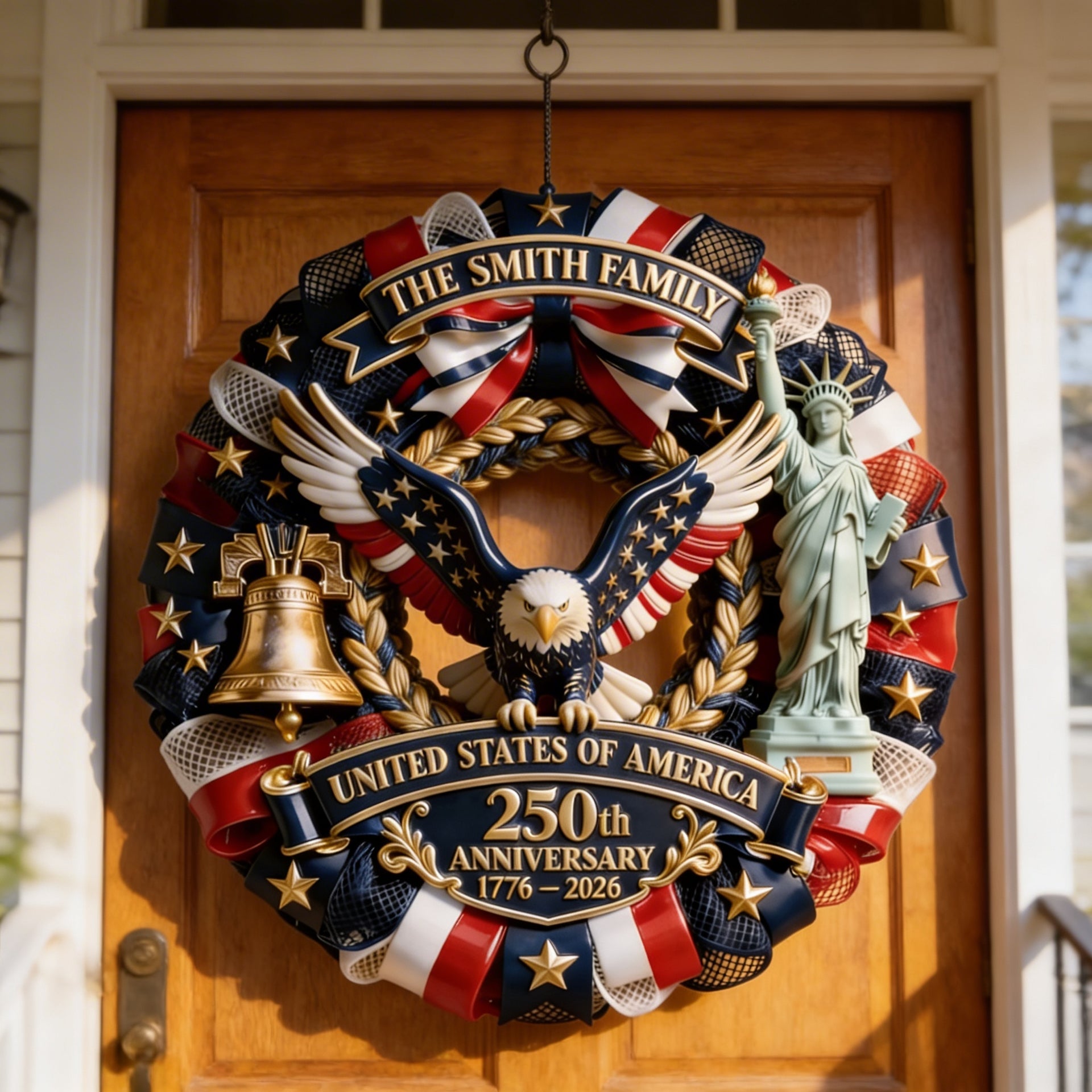 Patriotic 4th of July Wreath Sign – Personalized Family Door Decor