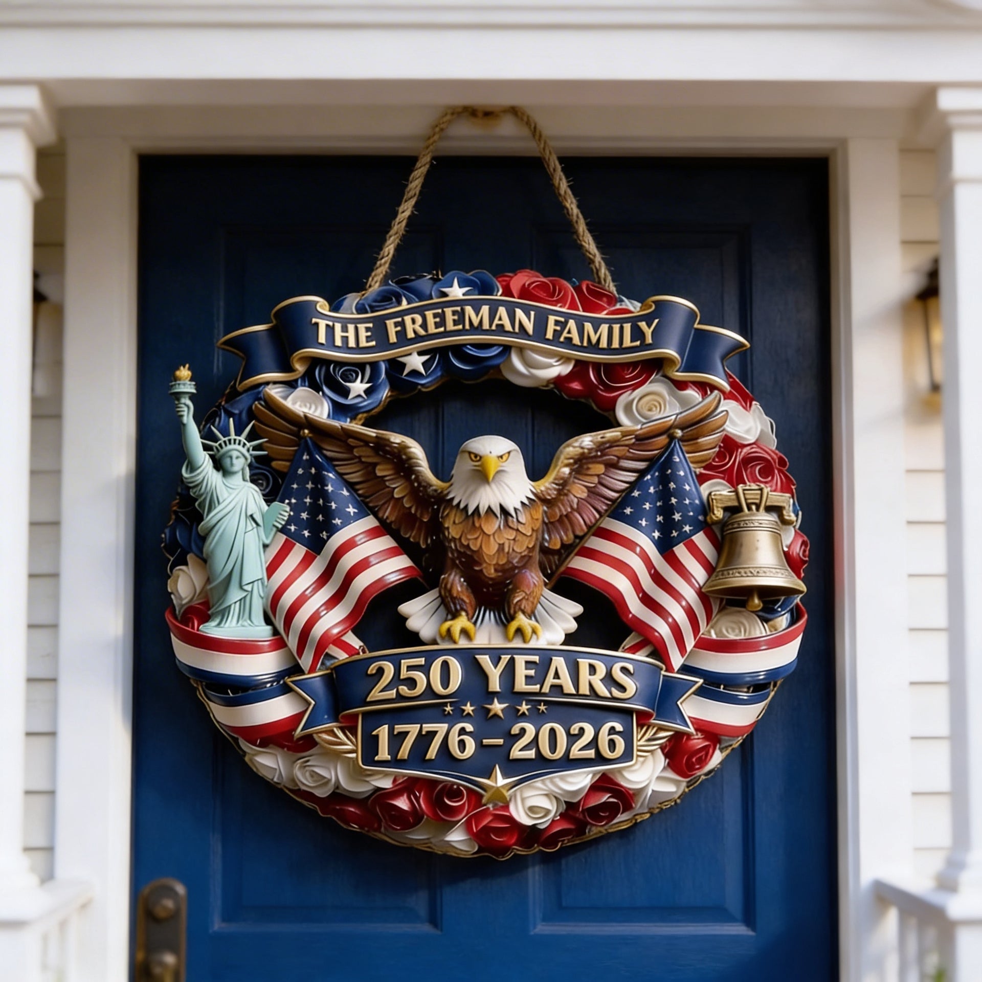 Patriotic Eagle Wood Sign – Personalized 4th of July Family Door Decor