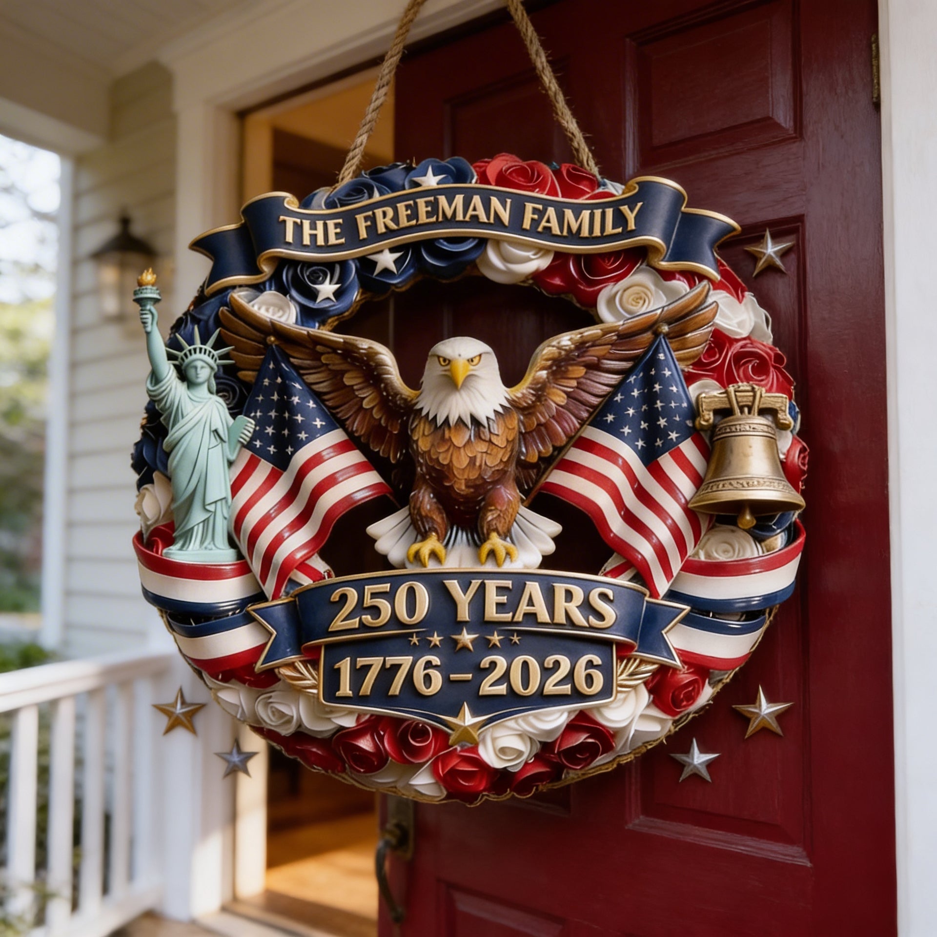 Patriotic Eagle Wood Sign – Personalized 4th of July Family Door Decor