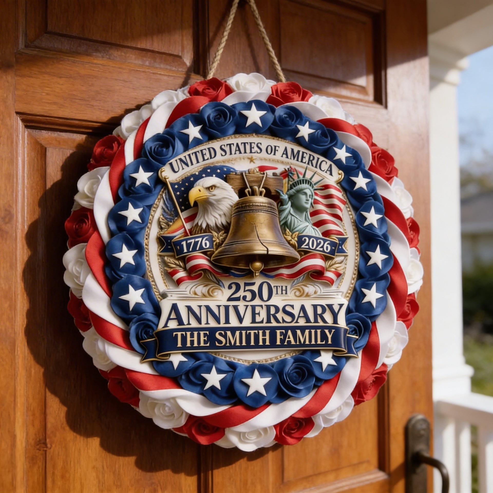 Personalized 4th of July Door Sign – USA 250th Anniversary 1776-2026 Wood Sign, Patriotic Front Door Wreath, Custom Family Name Decor