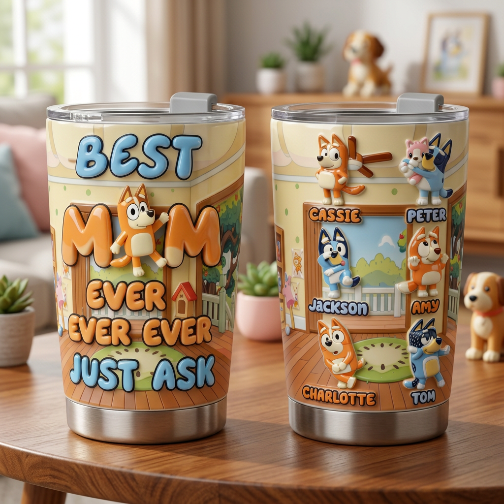 Best Mom Ever Tumbler 20oz – Personalized Mom Gift from Kids, Custom Family Cartoon Mom Cup, Mother’s Day Gift, Insulated Travel Mug