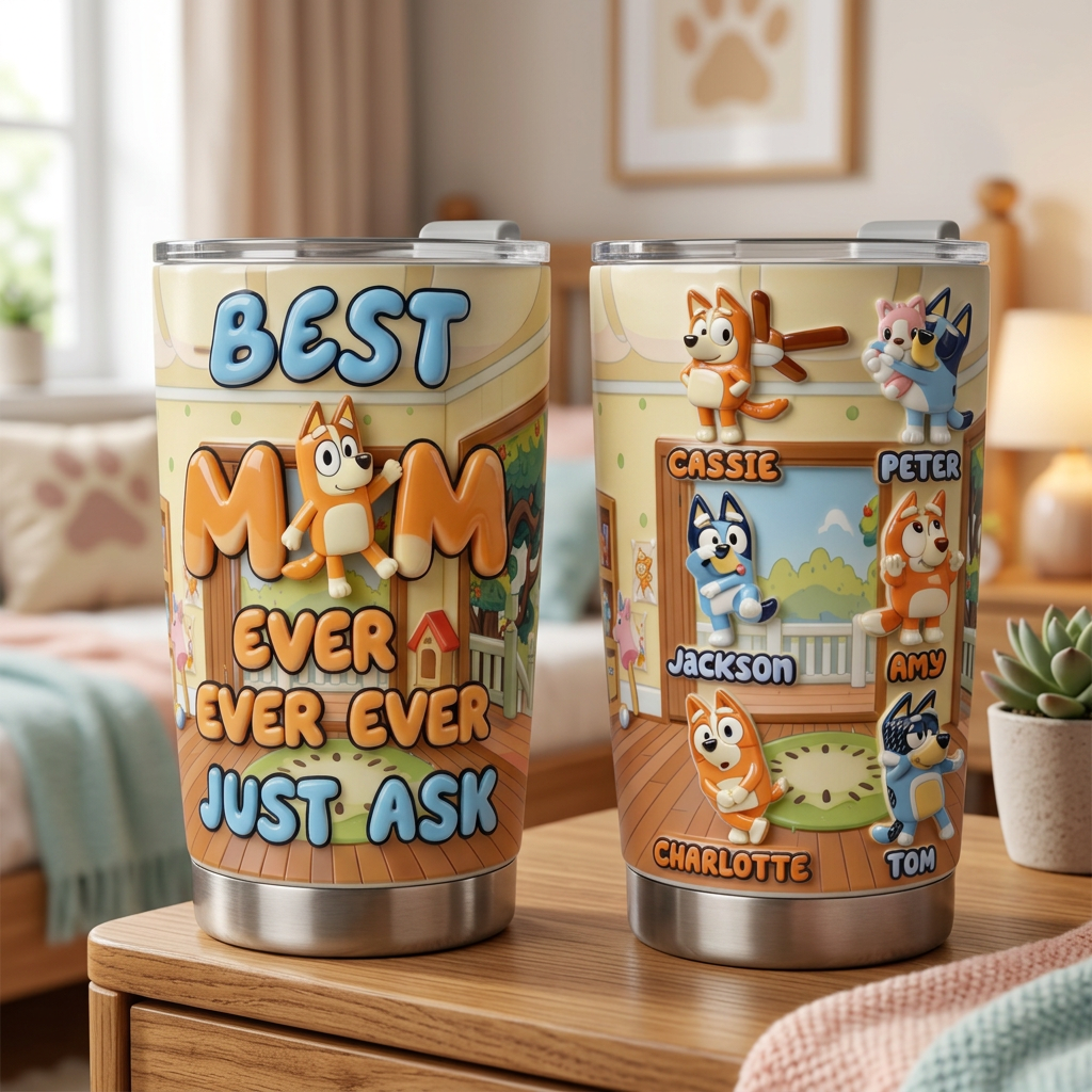 Best Mom Ever Tumbler 20oz – Personalized Mom Gift from Kids, Custom Family Cartoon Mom Cup, Mother’s Day Gift, Insulated Travel Mug