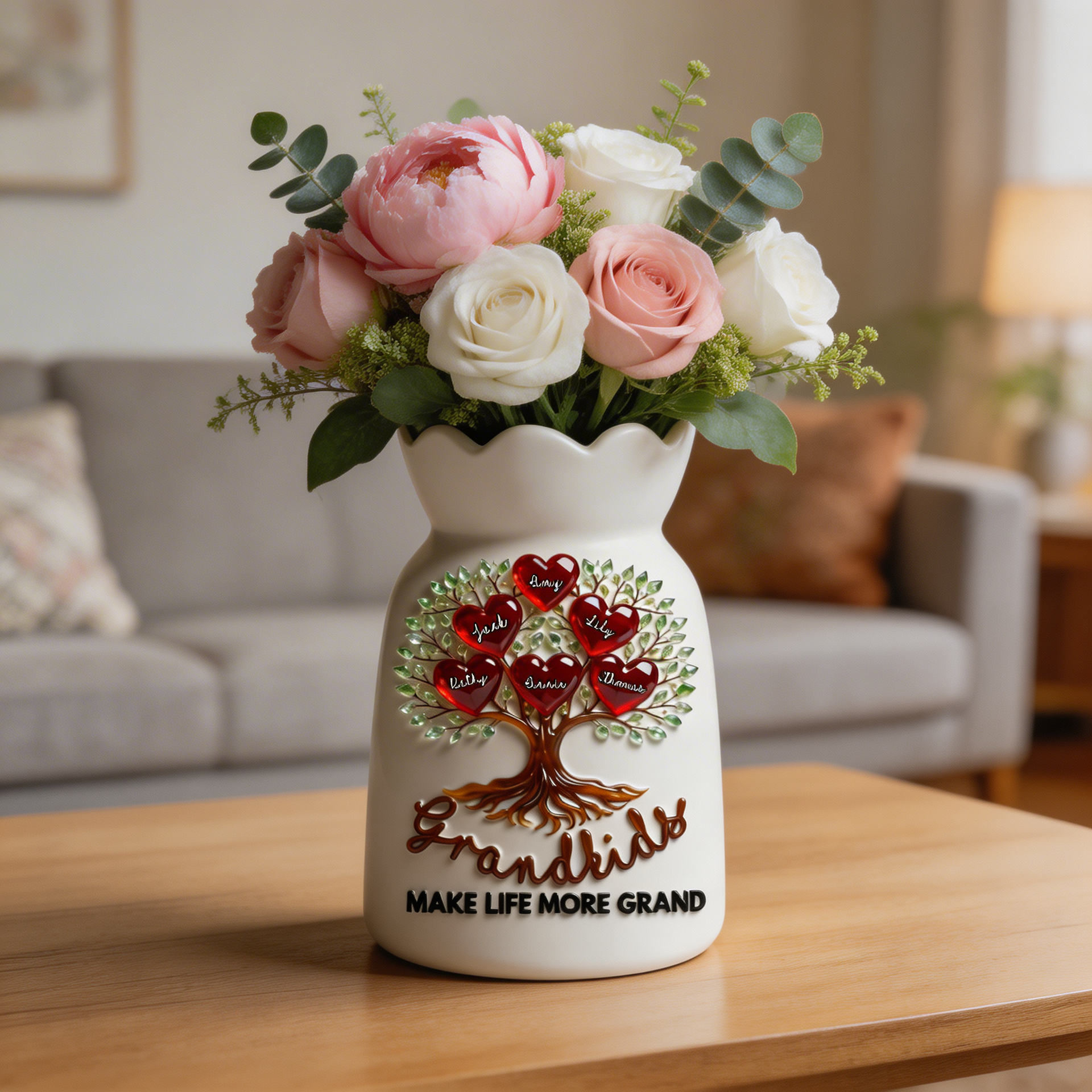 Personalized Grandkids Flower Vase, Custom Family Tree Vase with Names, Grandma Gift, Grandparents Gift, Ceramic Floral Vase Home Decor