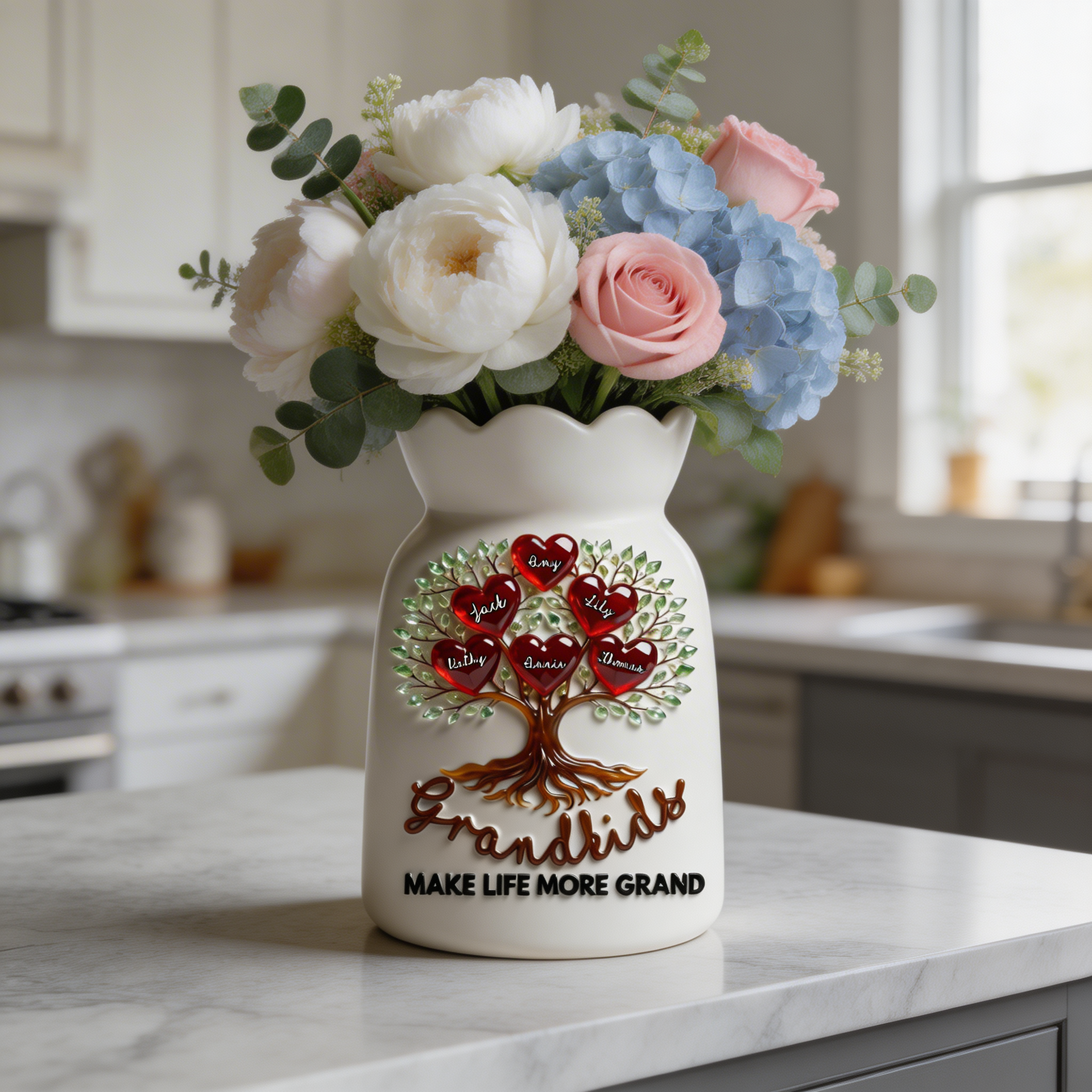 Personalized Grandkids Flower Vase, Custom Family Tree Vase with Names, Grandma Gift, Grandparents Gift, Ceramic Floral Vase Home Decor