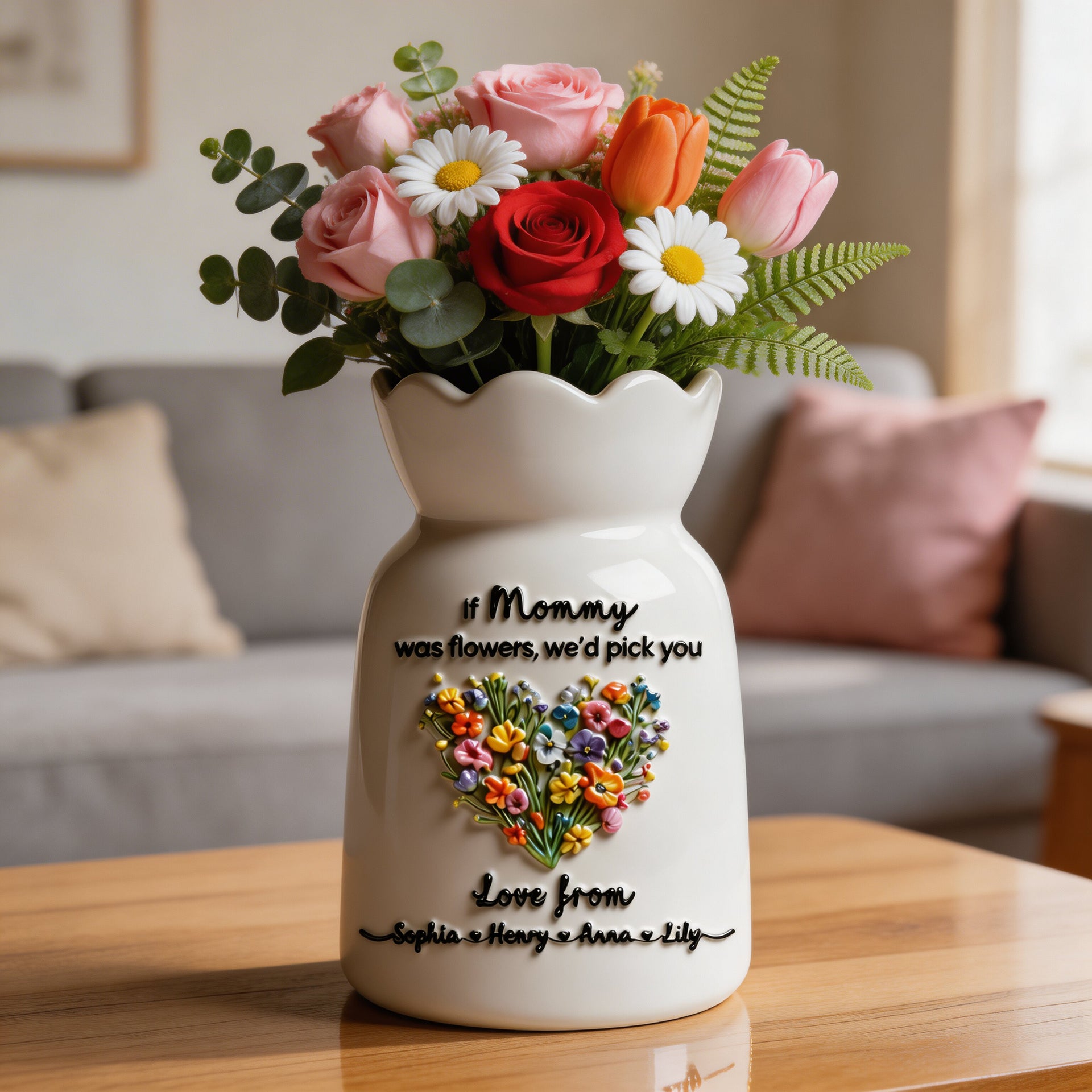 Personalized Flower Vase for Mom, Custom Mom Gift from Kids, Mother's Day Gift, Family Name Vase, Gift for Mommy, Birthday Gift for Mom