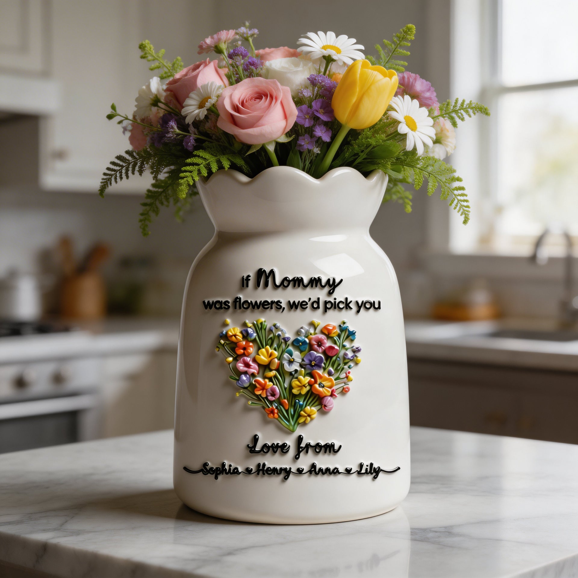 Personalized Flower Vase for Mom, Custom Mom Gift from Kids, Mother's Day Gift, Family Name Vase, Gift for Mommy, Birthday Gift for Mom