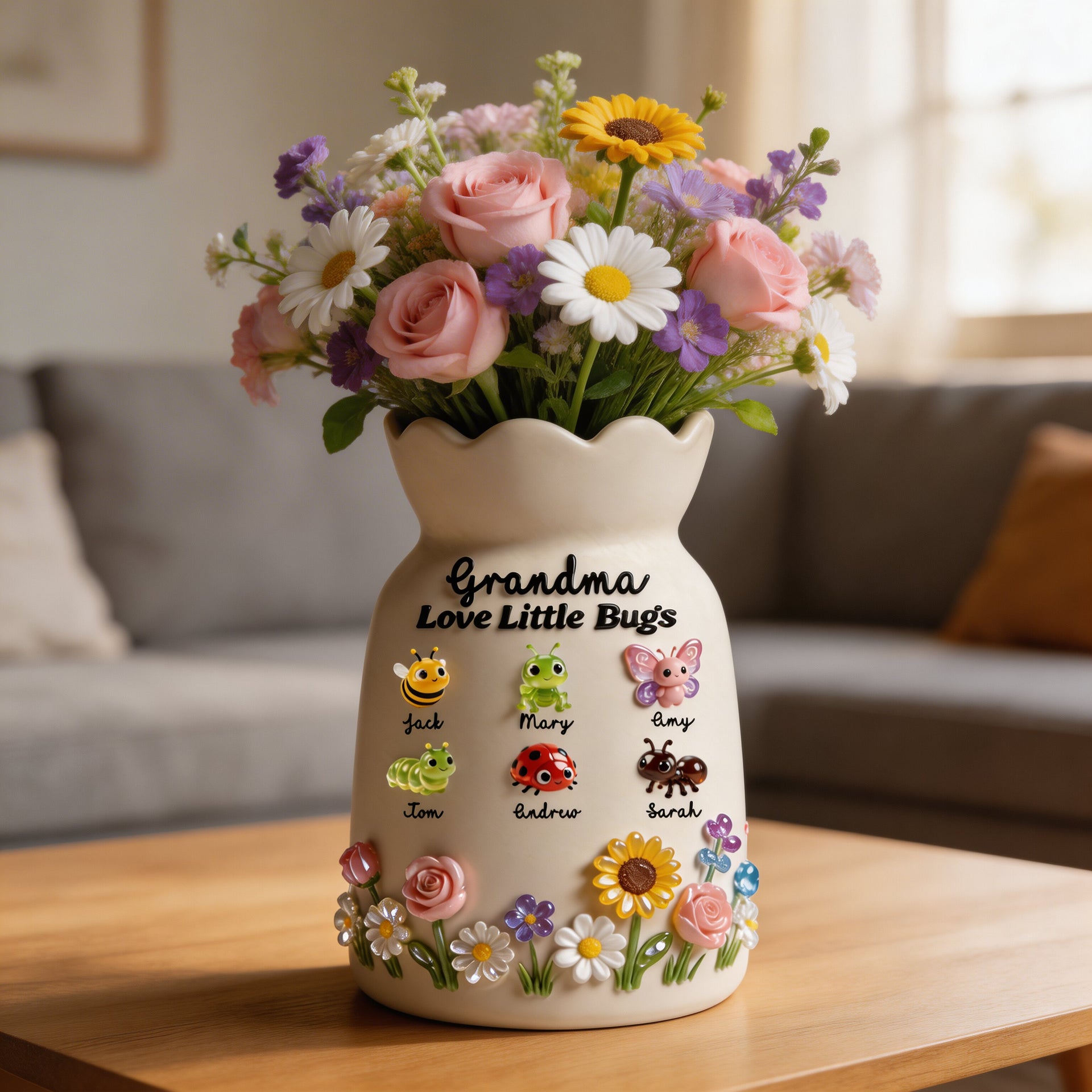 Personalized Grandma Flower Vase, Gift from Grandkids, Cute Bug Names Vase, Custom Grandma Gift, Mother’s Day Gift for Grandma, Family Keepsake Vase