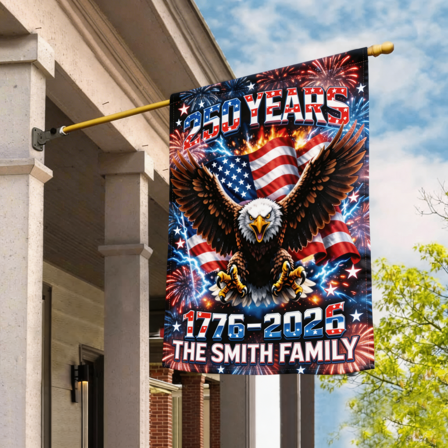 250 Years Patriotic Garden Flag, Fireworks Eagle American Flag, 1776–2026 USA Flag, Custom Family Name Outdoor Decor, 4th of July Yard Flag