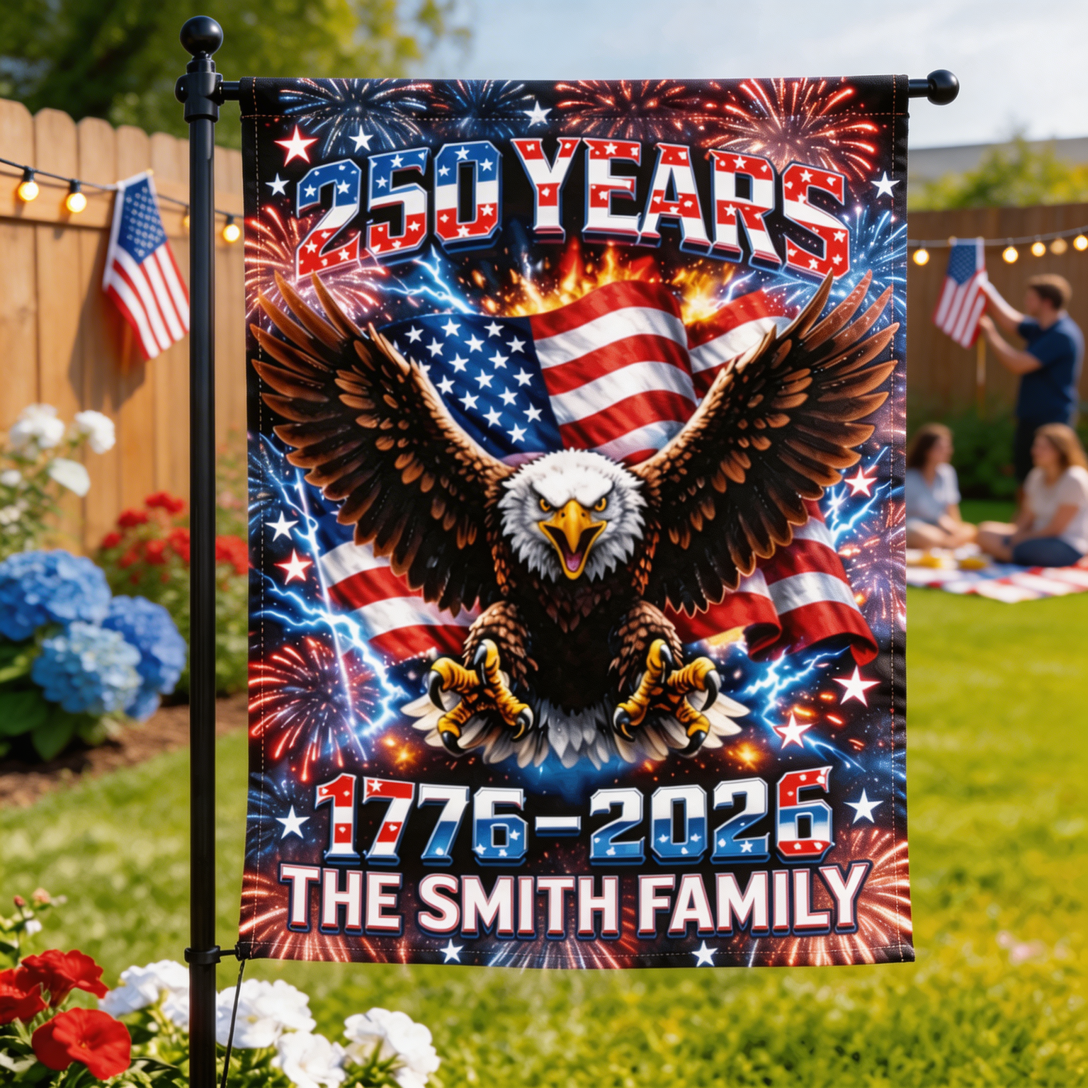 250 Years Patriotic Garden Flag, Fireworks Eagle American Flag, 1776–2026 USA Flag, Custom Family Name Outdoor Decor, 4th of July Yard Flag