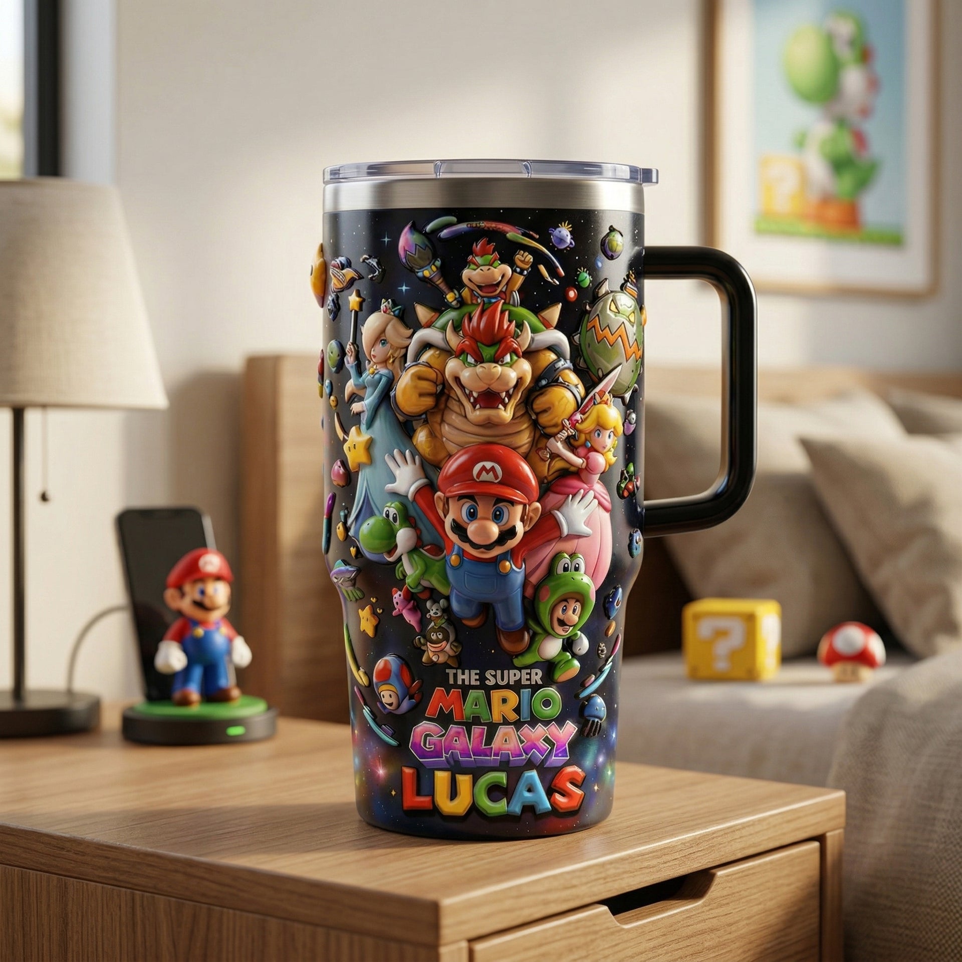 Personalized Gaming Tumbler 40oz, Custom Name Insulated Travel Mug, Cartoon Galaxy Theme Cup, Gift for Kids & Gamers