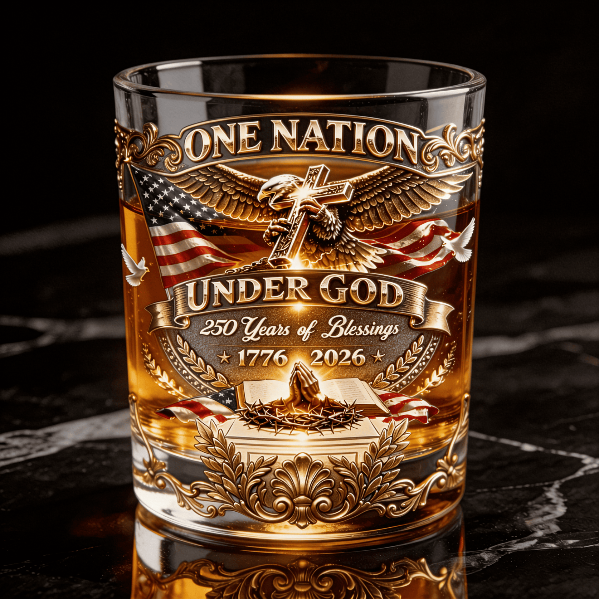 Patriotic Whiskey Glass 250th Anniversary 1776–2026 – Engraved Eagle & Faith Design Gift for Men