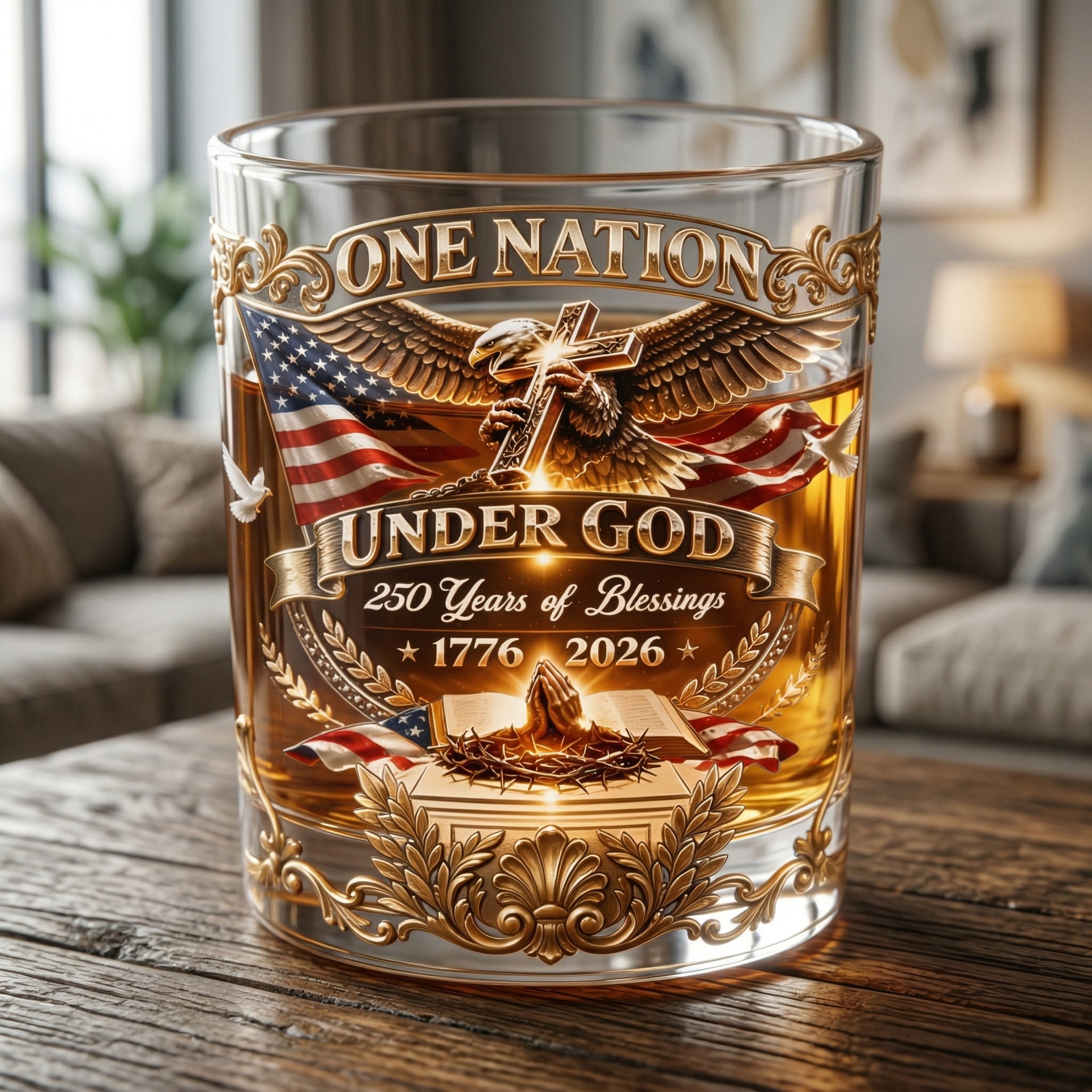 Patriotic Whiskey Glass 250th Anniversary 1776–2026 – Engraved Eagle & Faith Design Gift for Men