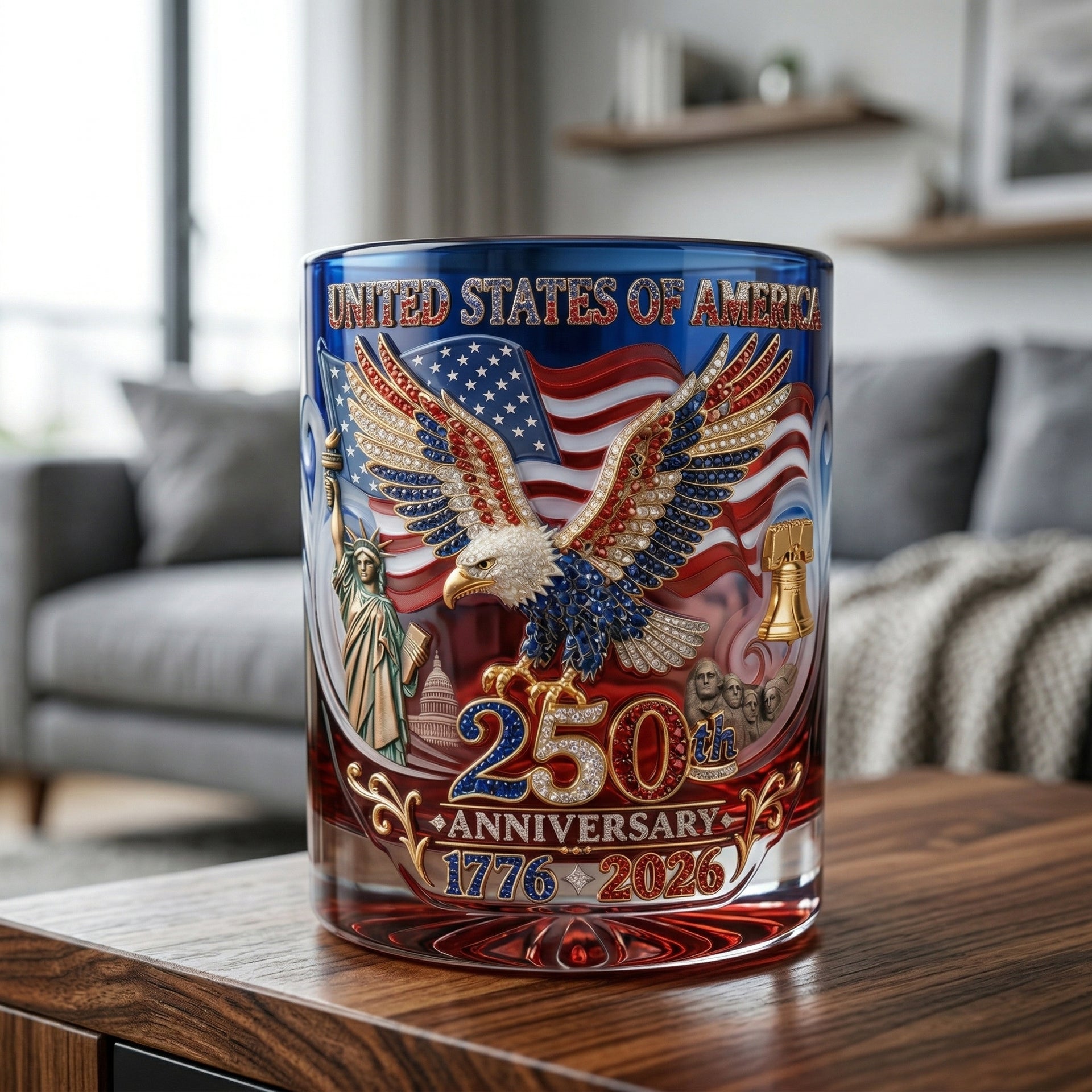 Patriotic Whiskey Glass 250th Anniversary 1776–2026 – Eagle Freedom Design Bourbon Glass Gift