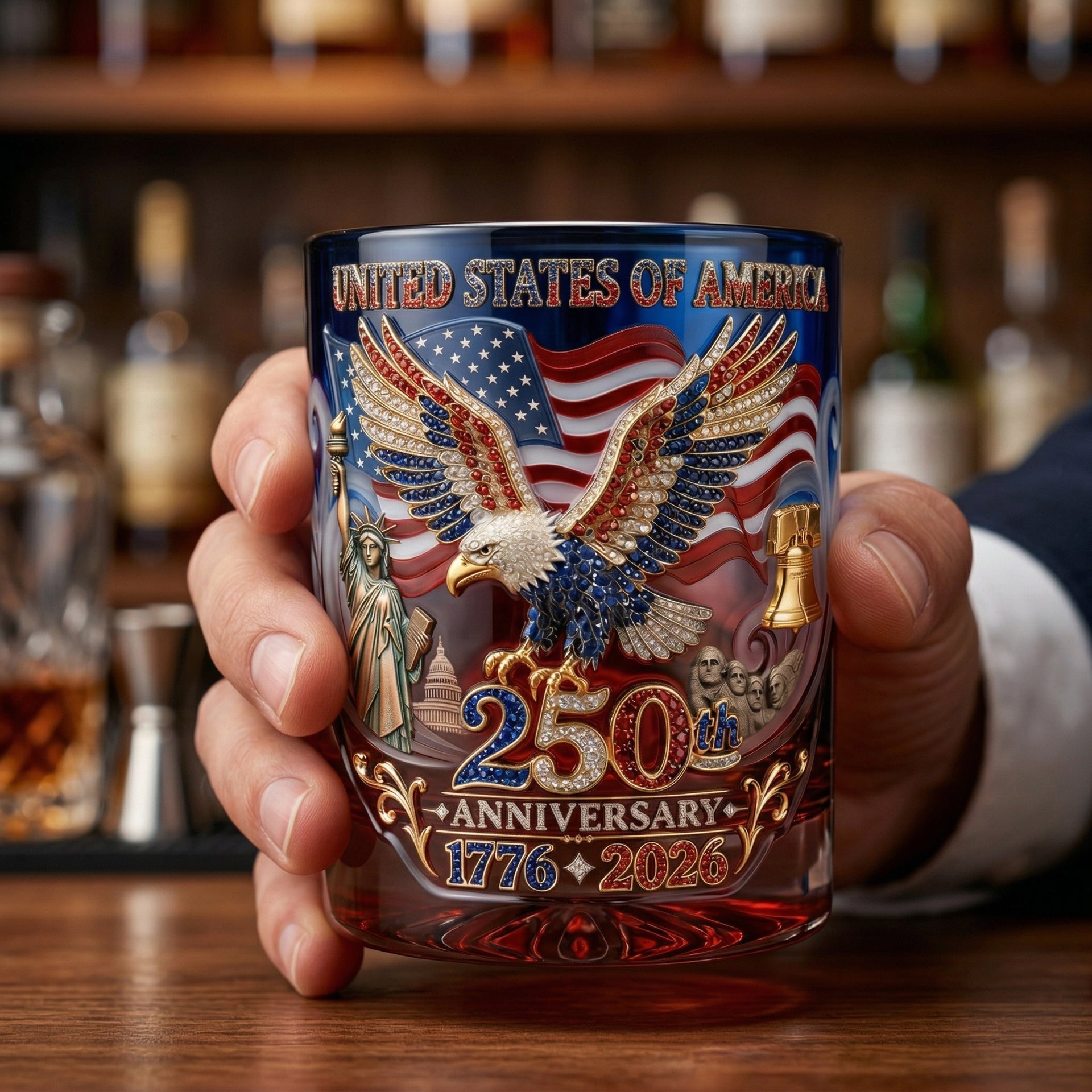 Patriotic Whiskey Glass 250th Anniversary 1776–2026 – Eagle Freedom Design Bourbon Glass Gift