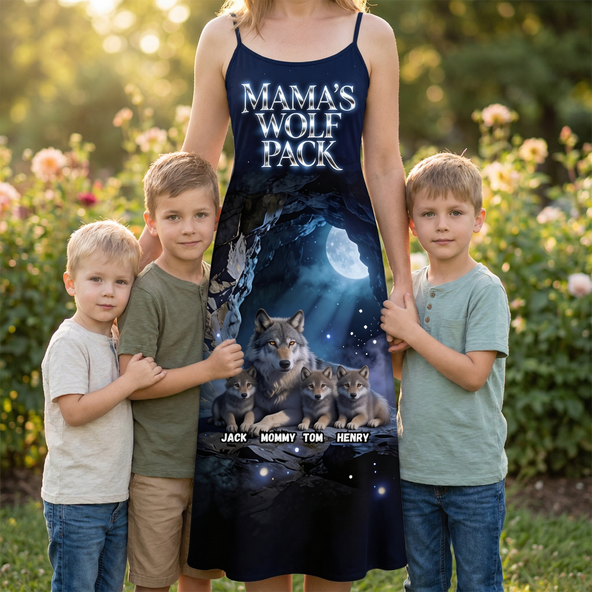 Personalized Mama Wolf Pack Dress – Custom Name Family Dress Gift for Mom, Matching Family Outfit