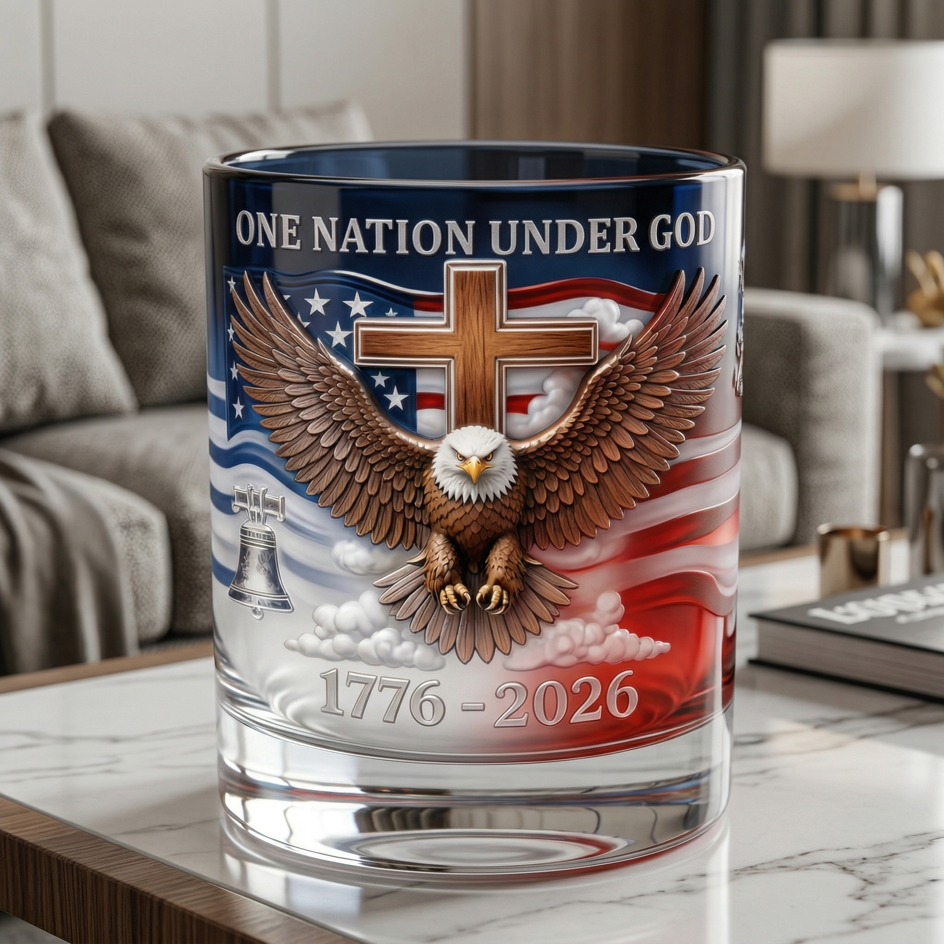 Patriotic Faith Whiskey Glass 1776–2026 – Eagle Cross Design Bourbon Glass Gift for Men, Collector Edition