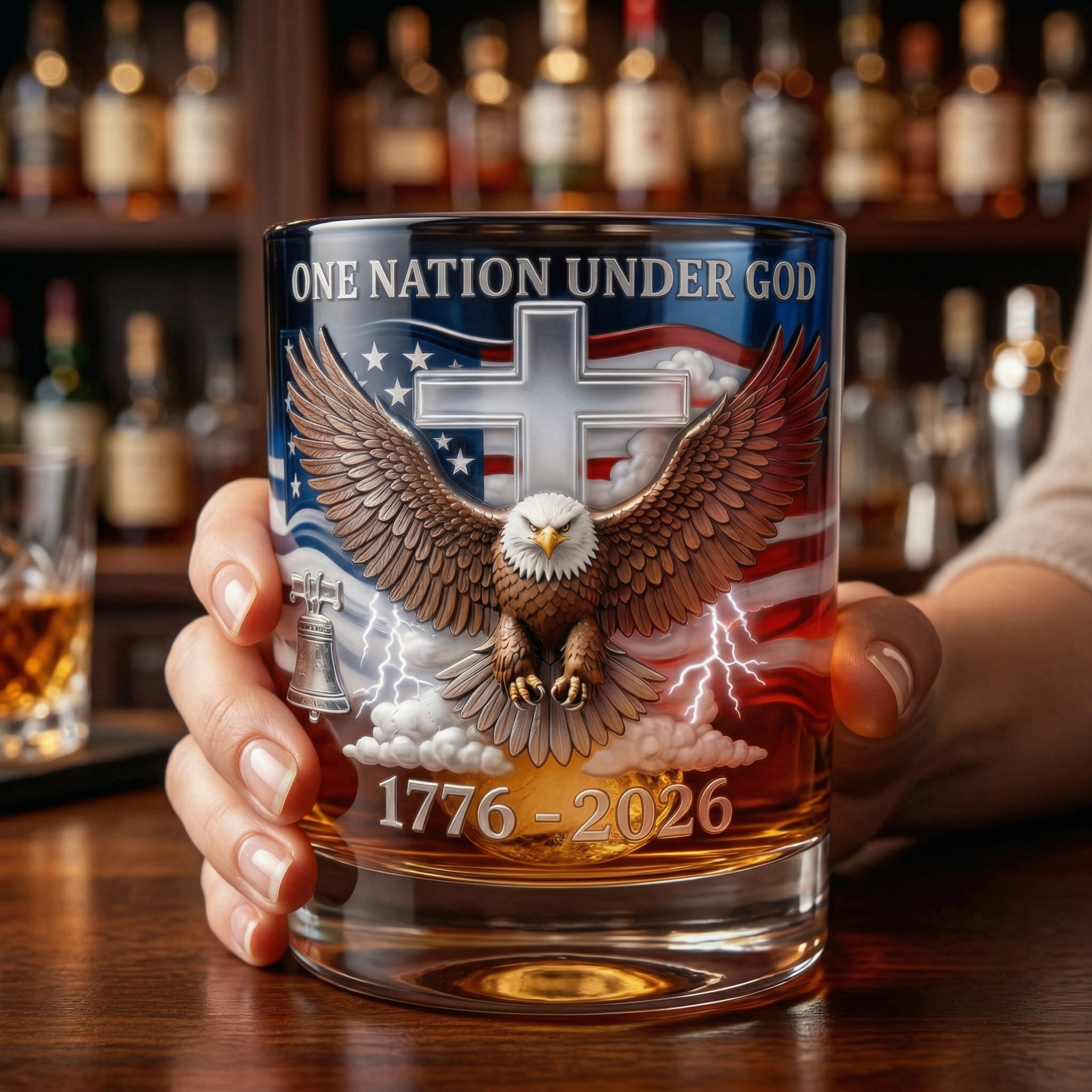 Patriotic Faith Whiskey Glass 1776–2026 – Eagle Cross Design Bourbon Glass Gift for Men, Collector Edition