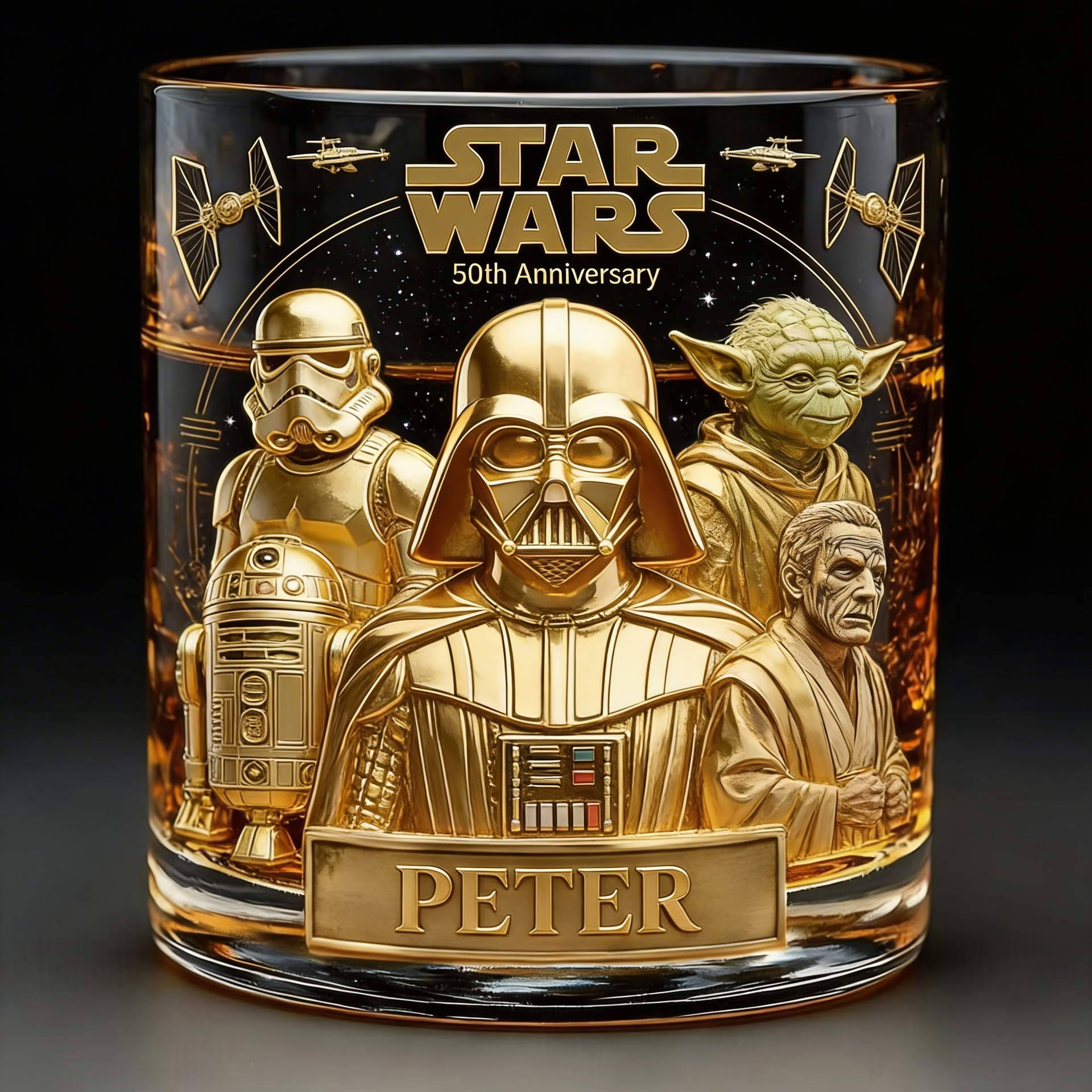 Custom Name Sci-Fi Whiskey Glass – Gold Character Design Anniversary Tumbler Gift for Men, Collector Style