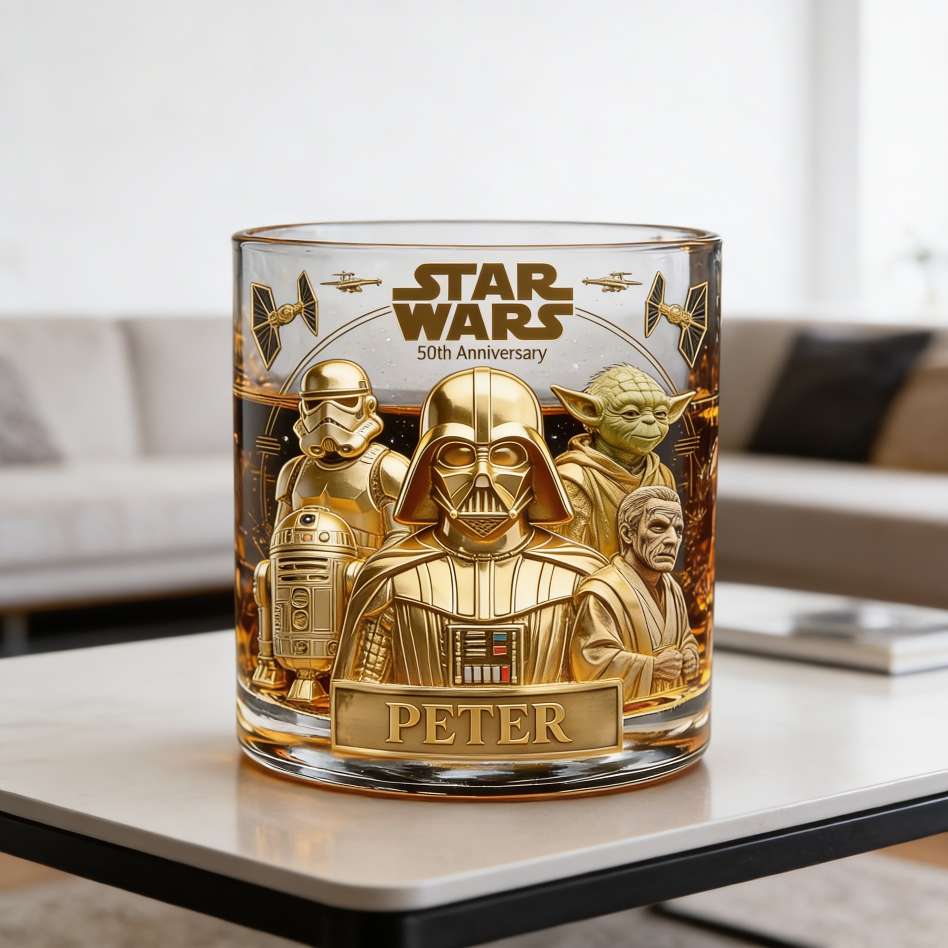 Custom Name Sci-Fi Whiskey Glass – Gold Character Design Anniversary Tumbler Gift for Men, Collector Style